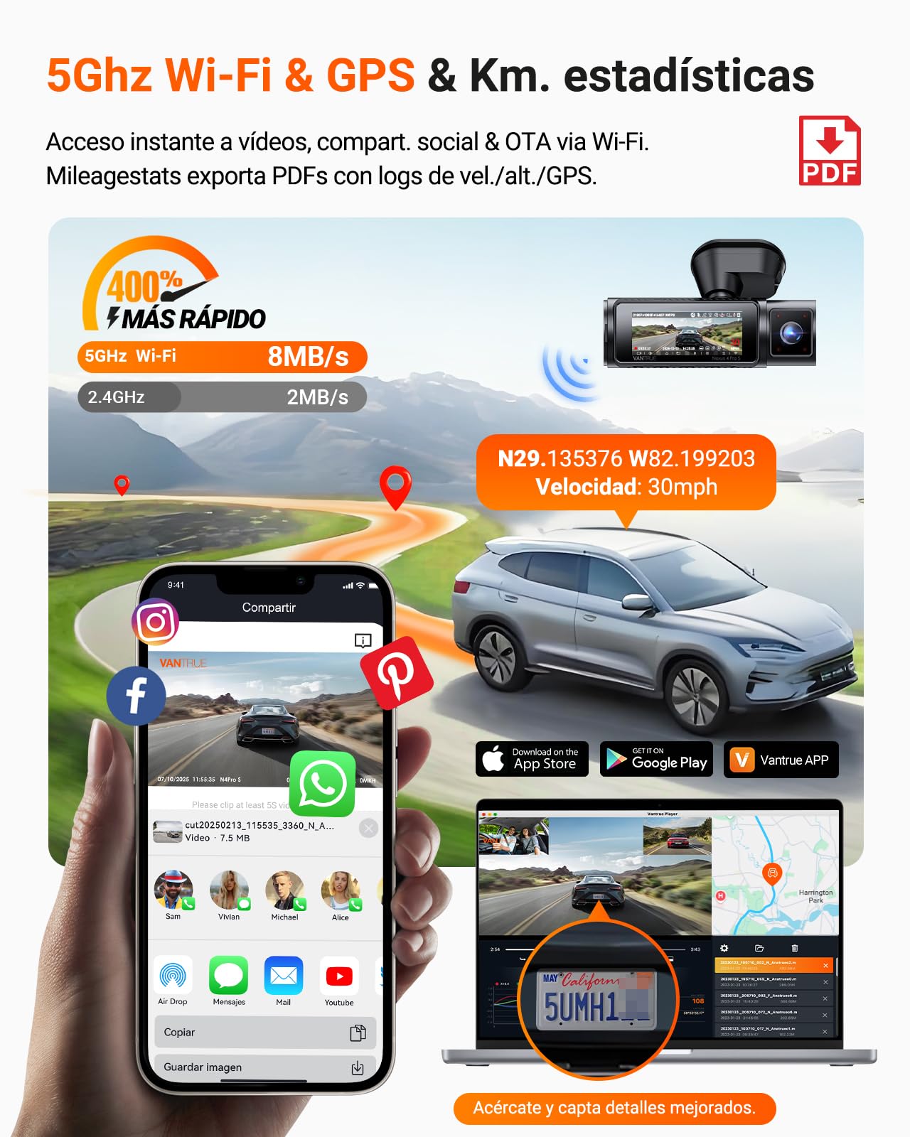 VANTRUE N4 Pro S Dashcam STARVIS 2 4K+ 1080P+ 1440P, 5GHz WiFi PlatePix™ Dash CAM GPS 360° HDR Buffer Monitor de Aparcamiento Cámara de Coche, visión Nocturna, Comando de Voz, LTE Opcional
