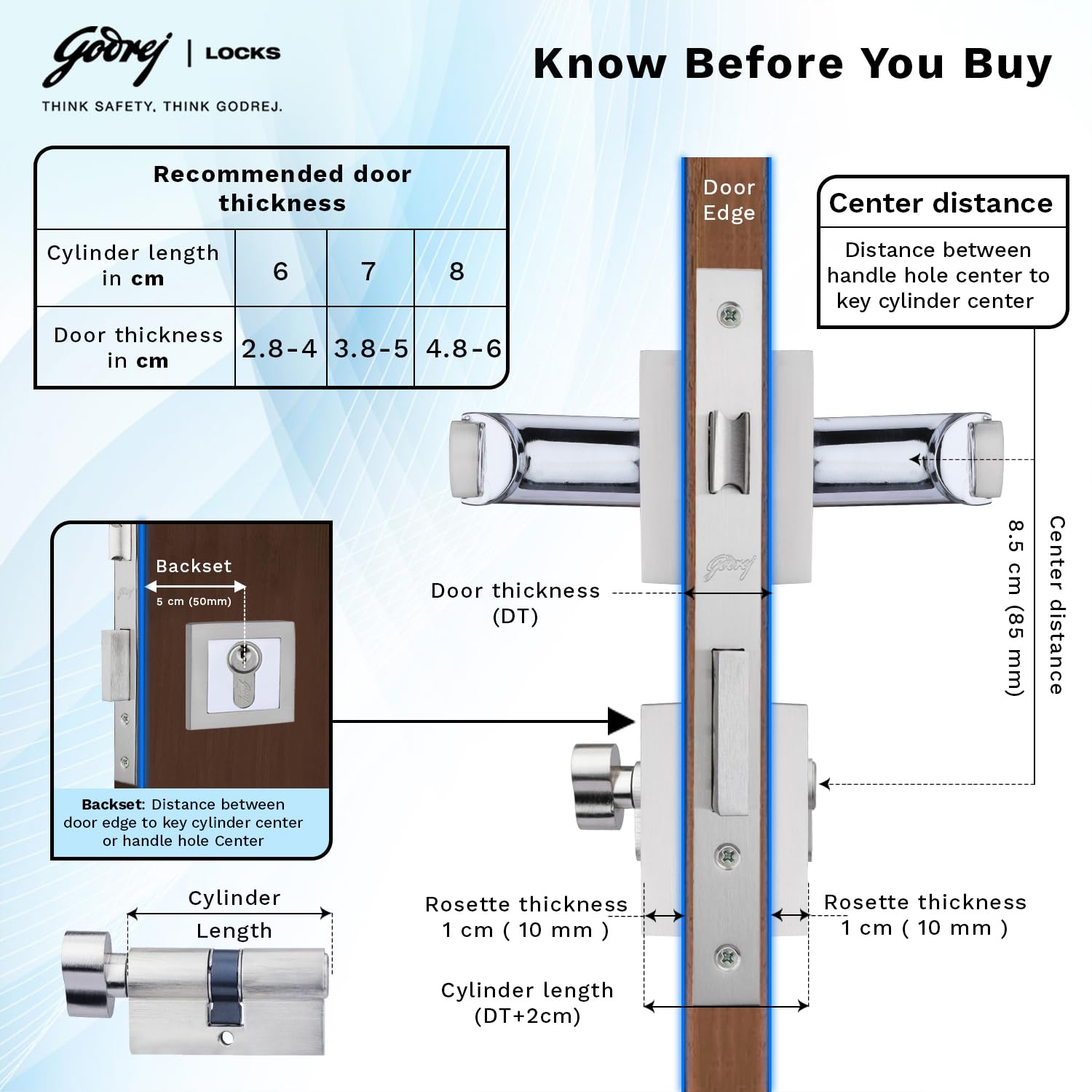 Godrej Mortise Lock | Handle Lock Set for Main & Internal Doors | Gloria Home Décor Handle | Satin Steel Finish | 9 Inch Lockbody | 60mm 1CK Cylinder Knob from Inside Key Outside | 3 Keys — Amazon image 4