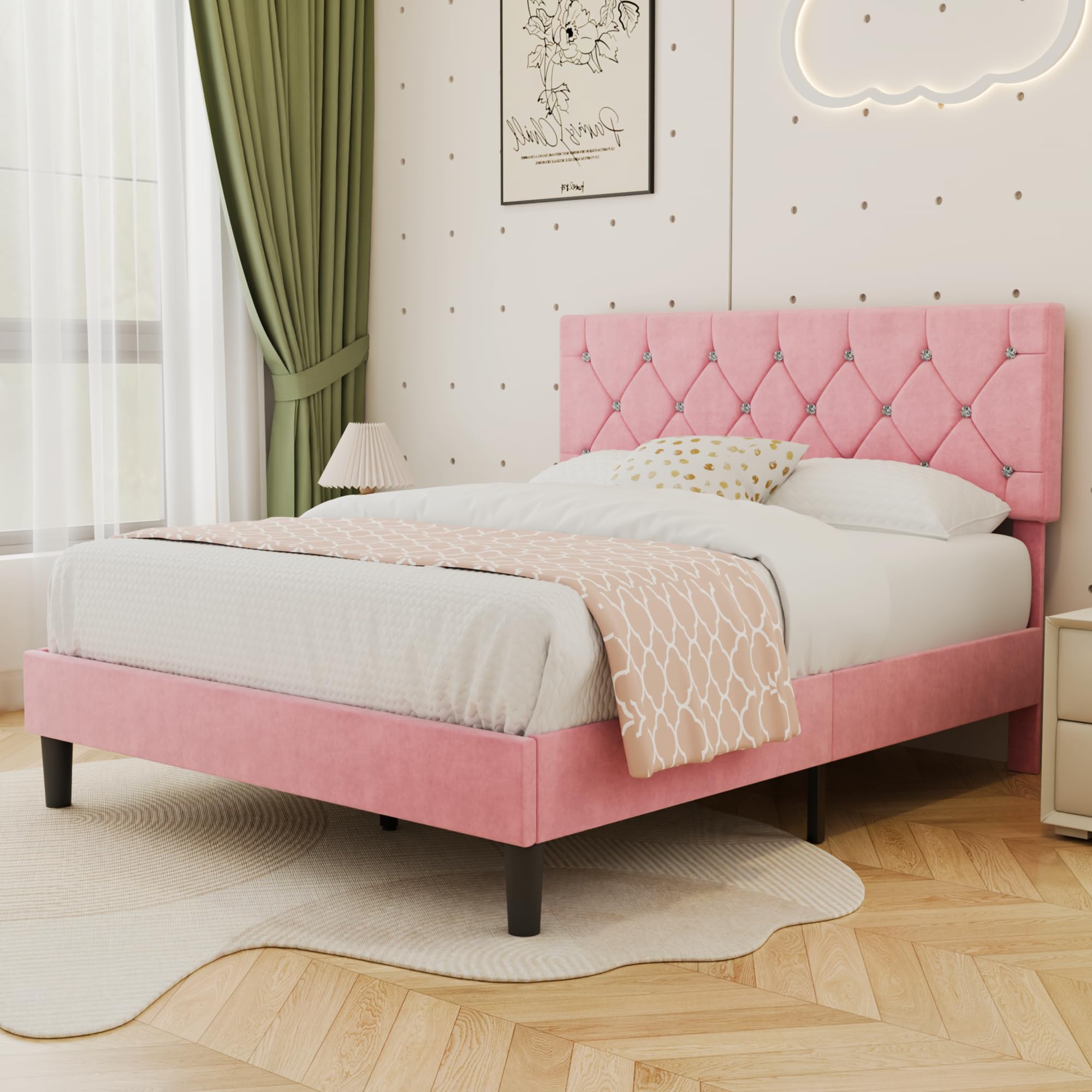 VECELO Queen Size Bed Frame with Diamond Tufted Headboard, Mauve Pink