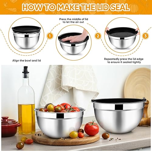 Miniatura 6 de TeamFar Juego de 5 cuencos mezcladores, 4.531.510.7 cuartos de galón, acero inoxidable de metal con tapa, ideal para servir mezcla, no tóxico y