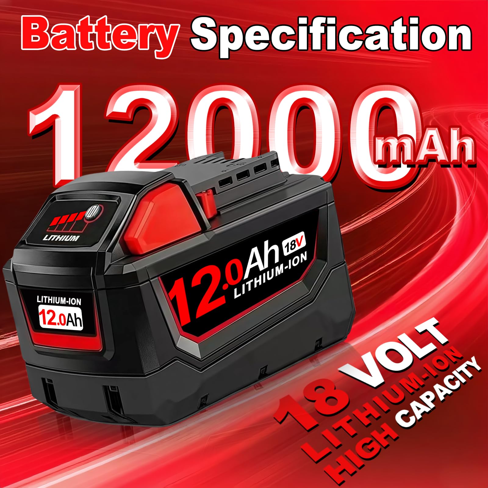 2X M18 18V 12.0Ah Li-ion Replacement for Milwaukee Battery Compatible with Milwaukee M18 Battery 48-11-1820 48-11-1840 48-11-1850 2646-60 with LED Indicators for Cordless Power Tools (M18*2) - 3