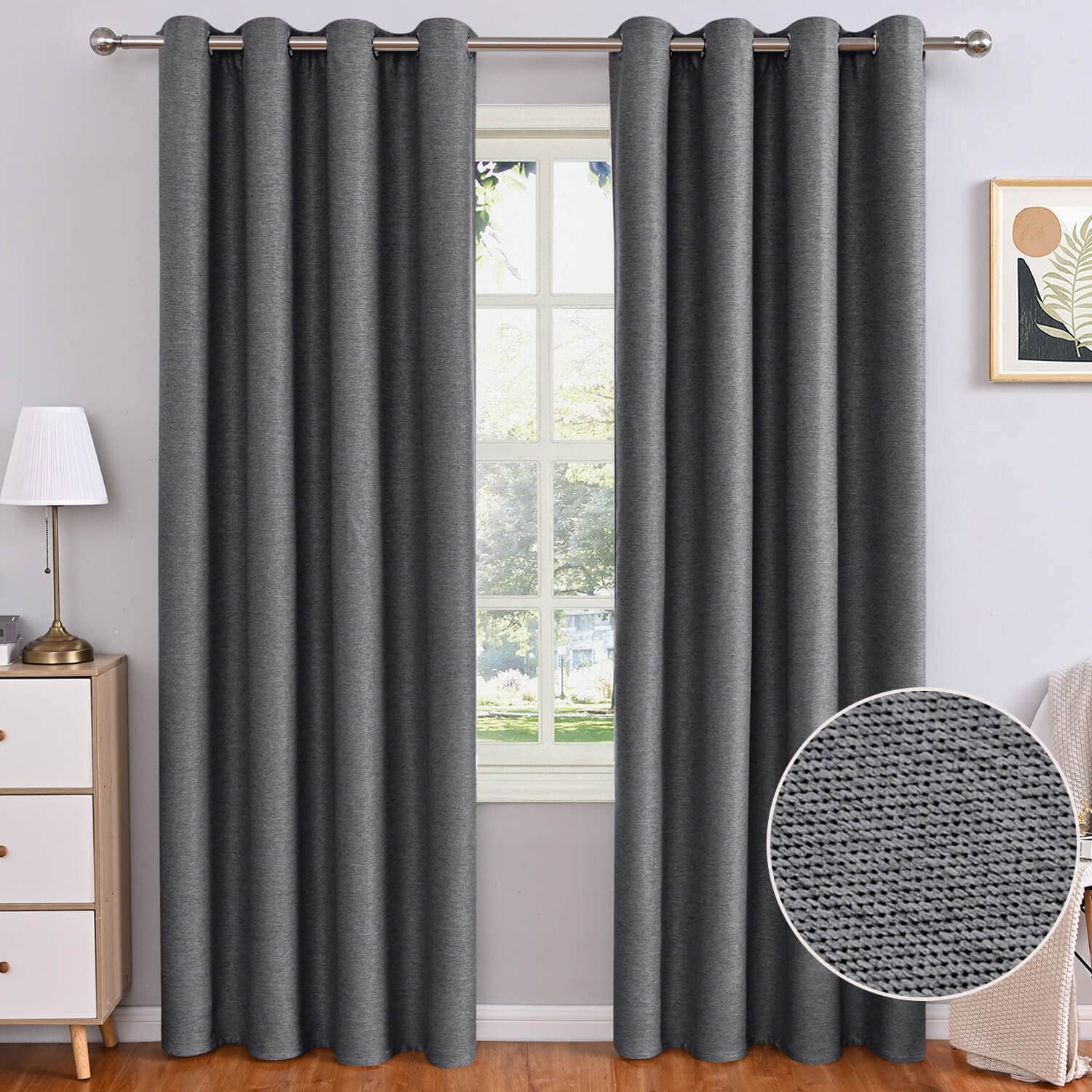 WUBODTIFull Blackout Dark Grey Curtains Linen Textured 84 inches Long 2 Panels,Thermal Insulated Room Darkening Window Curtains, Grommet Soundproof Curtain Drapes for Living Room Bedroom Room Divider