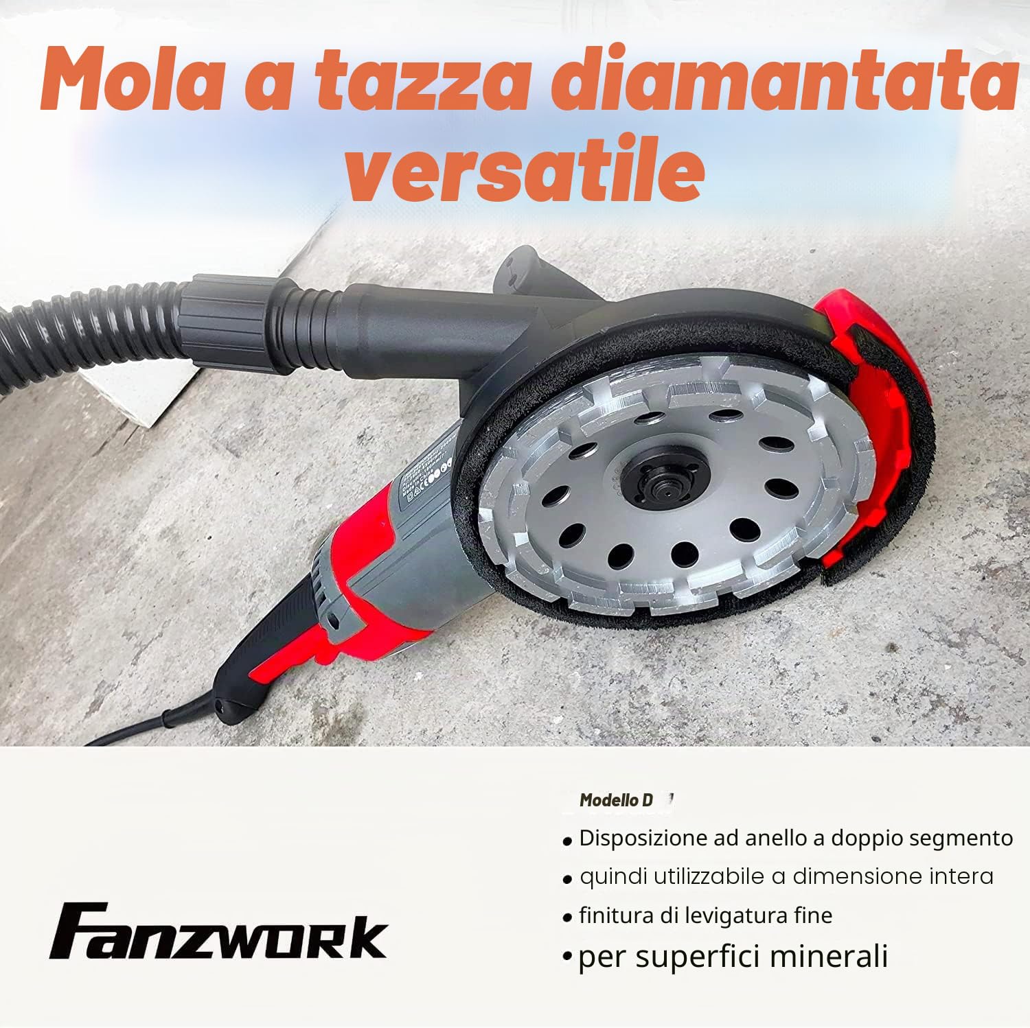 FANZWORK - Smerigliatrice per calcestruzzo, set con mola diamantata e cappa di aspirazione (2000 W/180 mm)