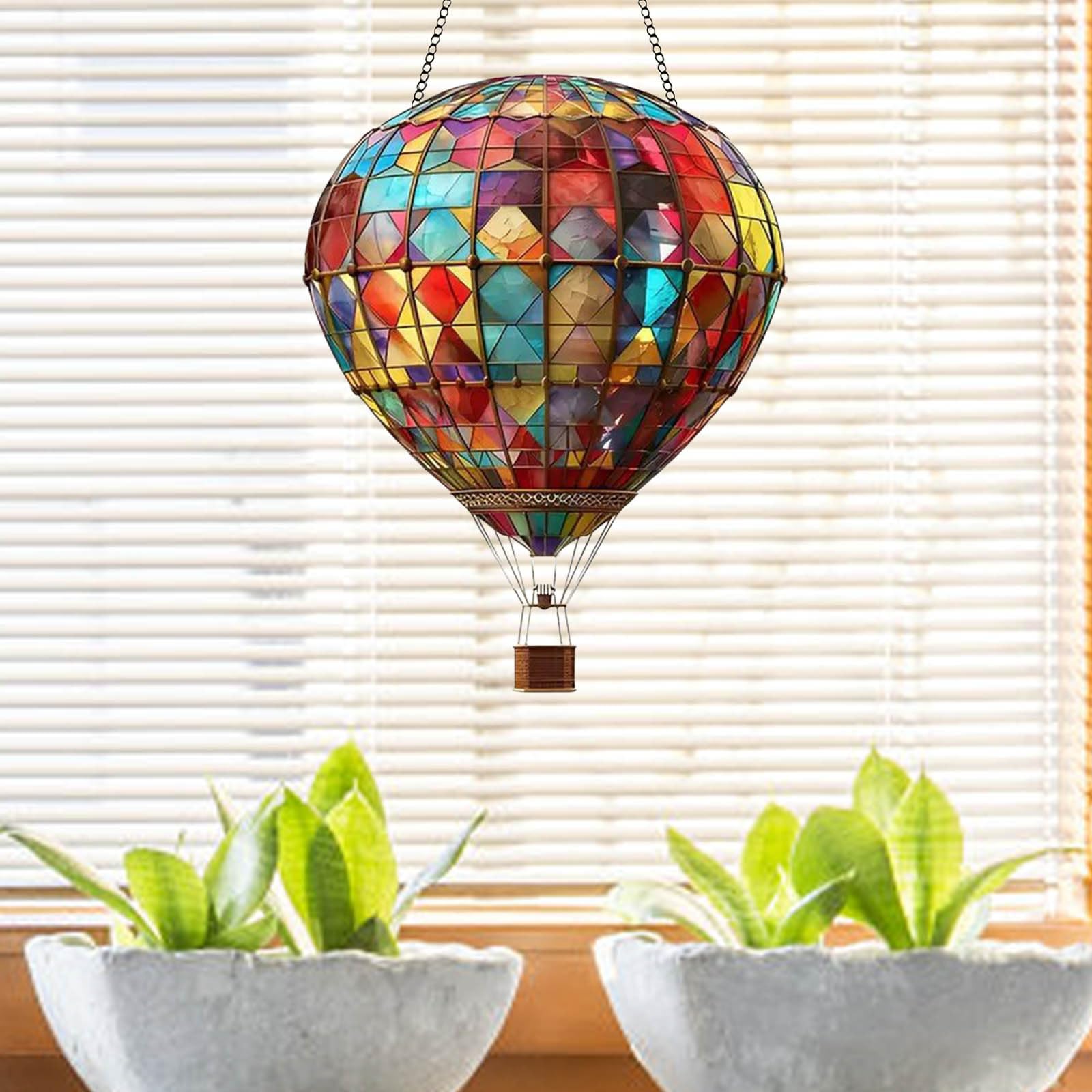 Hot Air Balloon Solar Garden Light - 2D Acrylic Flickering Flame Effect with Amber LEDs, Outdoor Solar Lights for Garden Pathway Patio Decor, Warm White Hanging Ornament (Red)