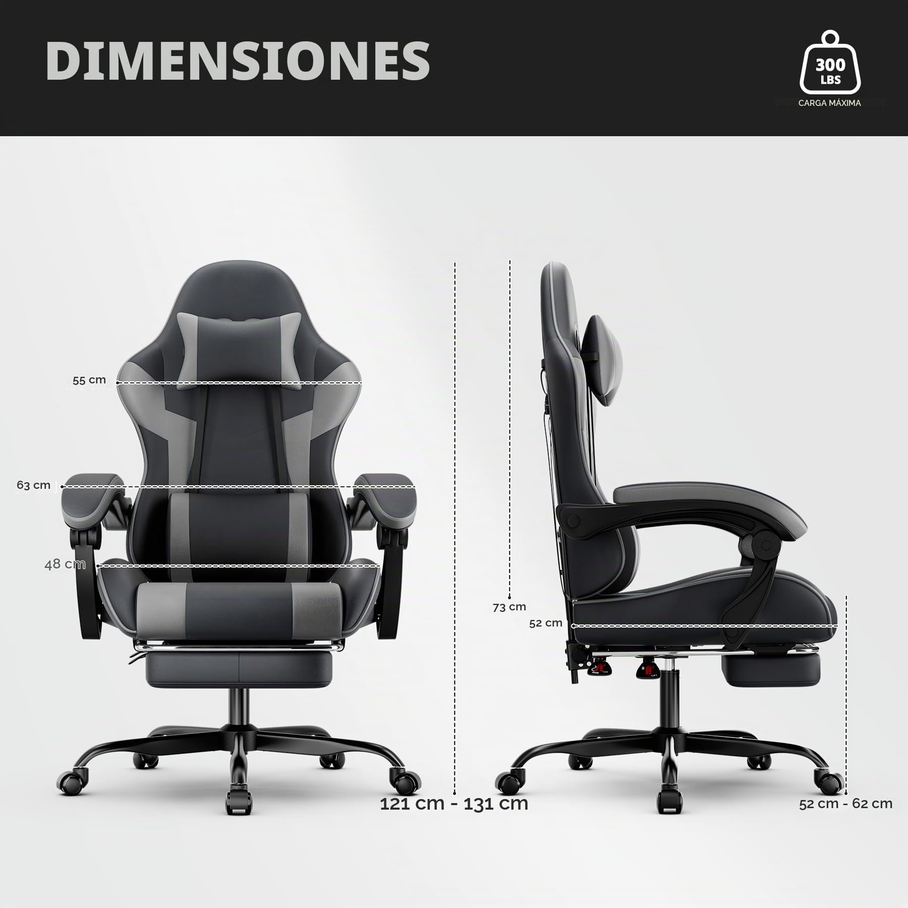 Silla de gaming ergonómica con reposapiés, apoyabrazos ajustables, silla de oficina, ergonómica, con soporte lumbar - Negro/gris (gris)