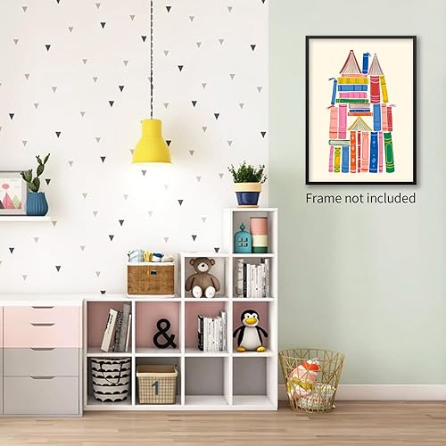 Miniatura 5 de WOFUPMY Pósteres de arte de pared de castillo, libros coloridos, biblioteca, retro, estética, impresión en lienzo para aula, cuarto de bebé,