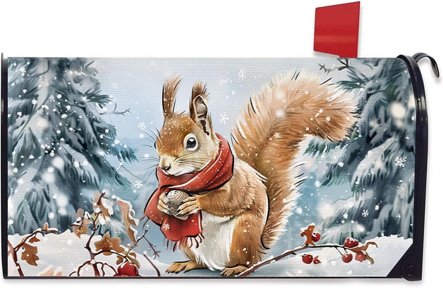 Winter Squirrel Mailbox Cover Magnetic Standard Size 20.5" x 18", Snowy Pine Tree Decorative Post Letter Box Wrap Decor, Christmas Red Berry Seasonal Garden Yard Outdoor Decoration