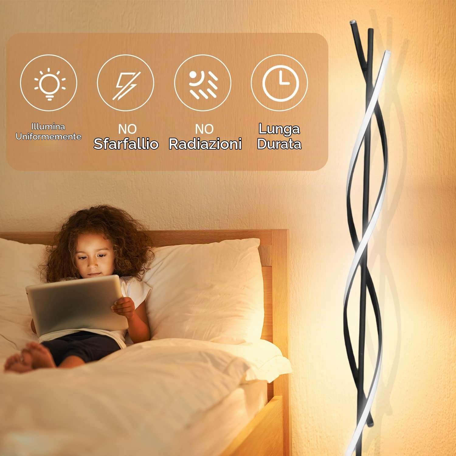 Lampada da Terra Salotto LED, 52W Piantana Lampada da Terra Dimmerabile Con Telecomando,155cm Lampada da Pavimento Moderno Spirale Design Per Comodino Camera da Letto Ufficio Lettura(nero)