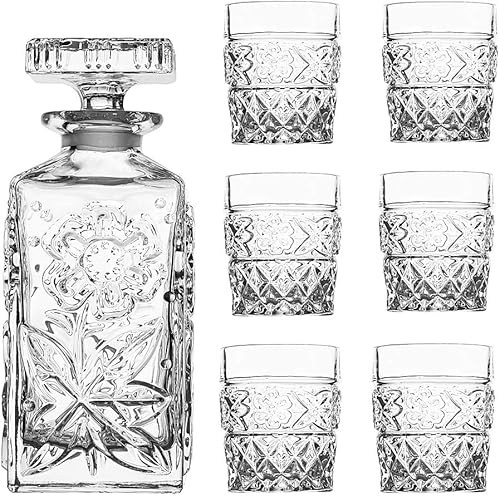 Amlong Crystal Juego de decantador y cristal con diseño de flores, 7 piezas