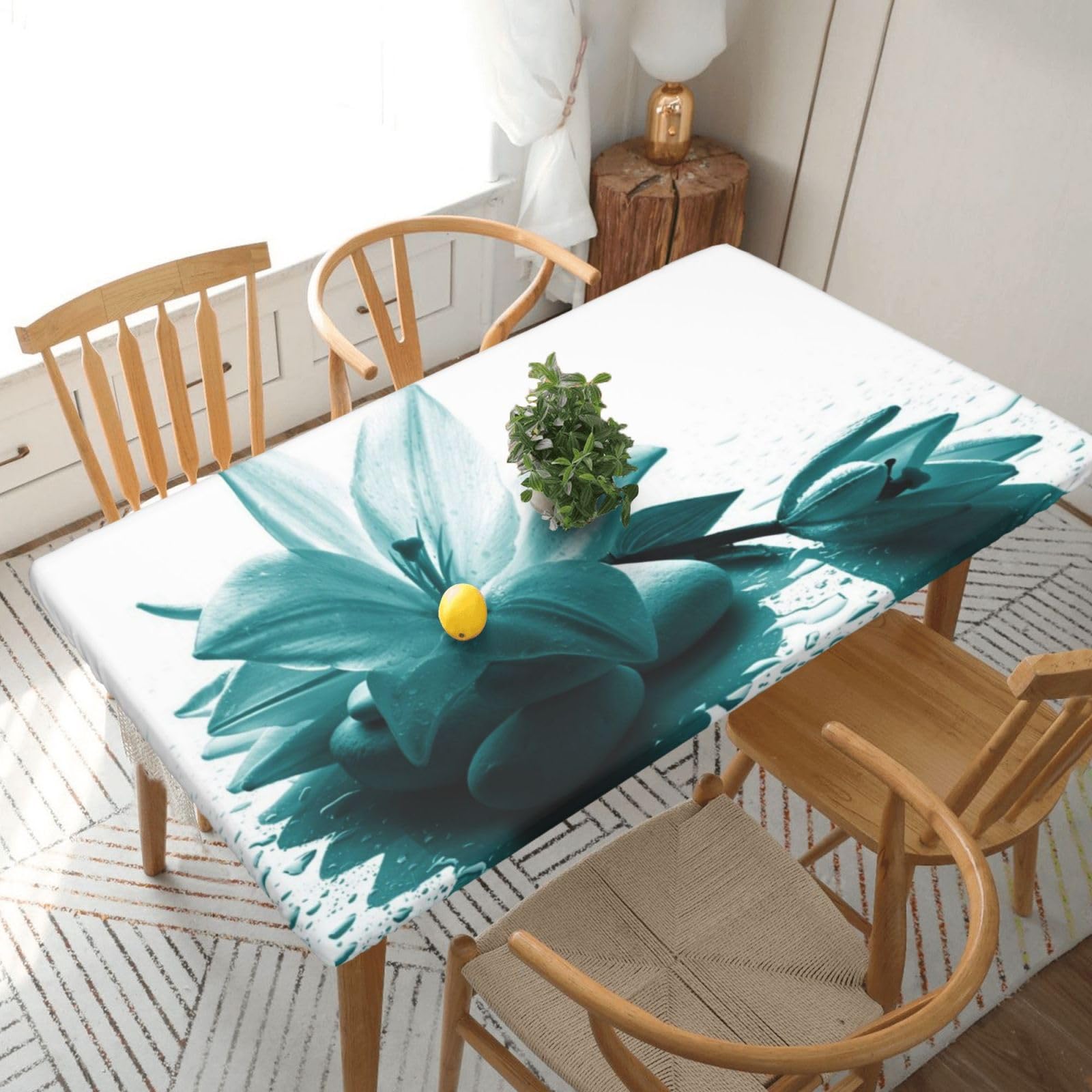 BNVSADC Teal Lily Printed 5FT Tablecloth Polyester Kitchen Water Resistant Table Cloth Dining Table Decoration Table Covers, 152x76 CM