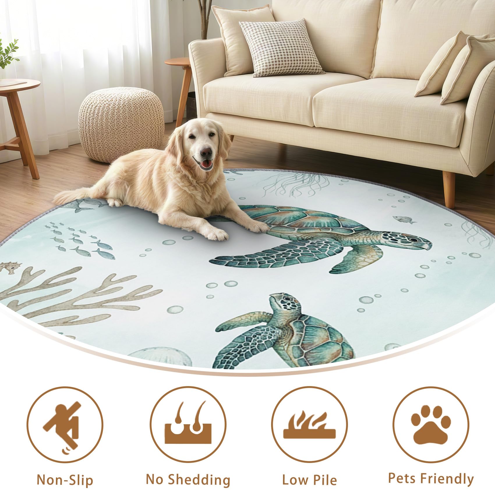 Schildkröte Teppich Rund 120cm Kurzflor - Waschbare Teppiche Wohnzimmer Meerestiere Koralle Ozean Thema - Runder Teppich 120 Durchmesser Kinderzimmer - Bettvorleger rutschfest Weich