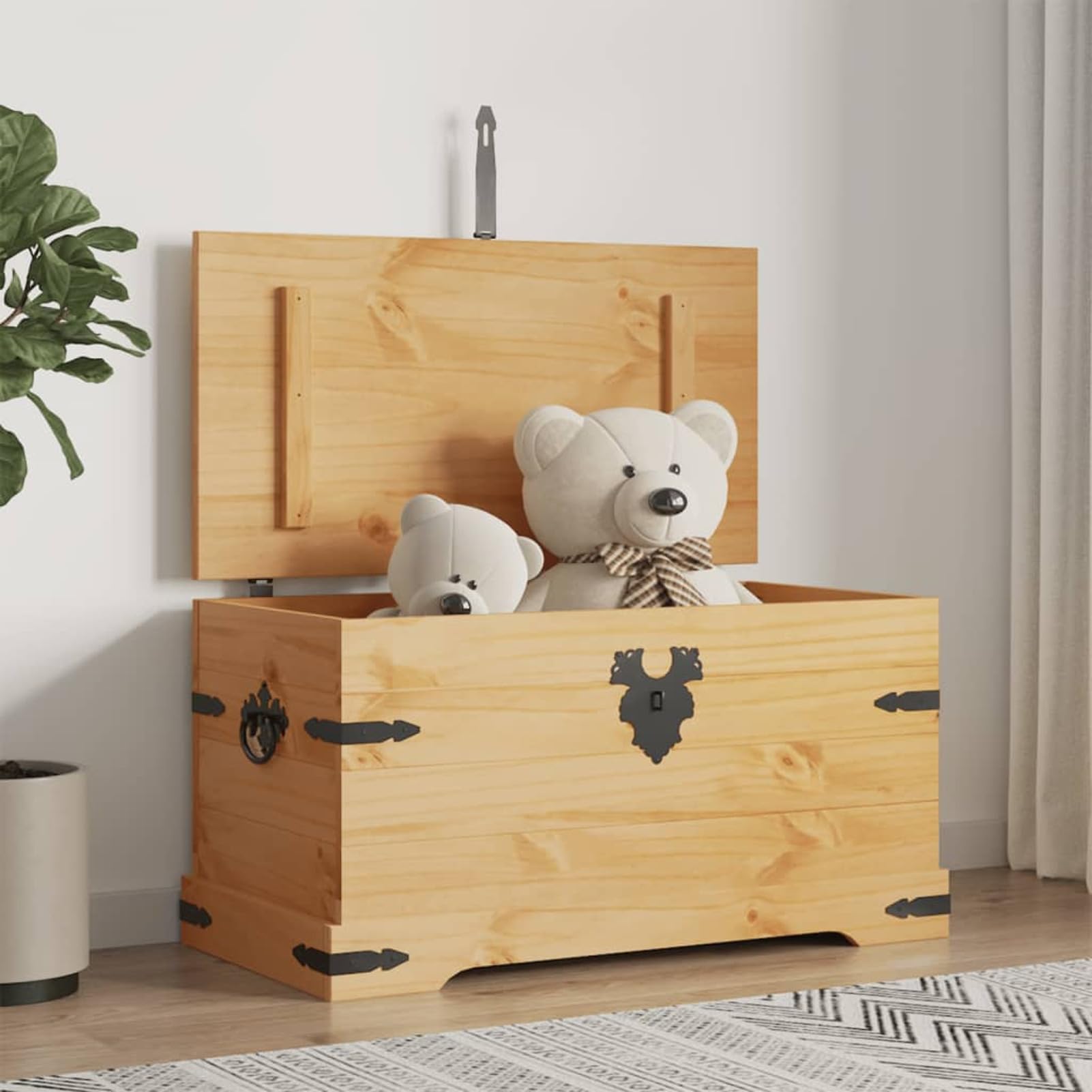 Elegante baúl de almacenamiento de madera de pino de 91 x 49,5 x 47 cm, diseño Corona Ran para interiores, elegante, decoración del hogar, solución de almacenamiento multifuncional para cualquier