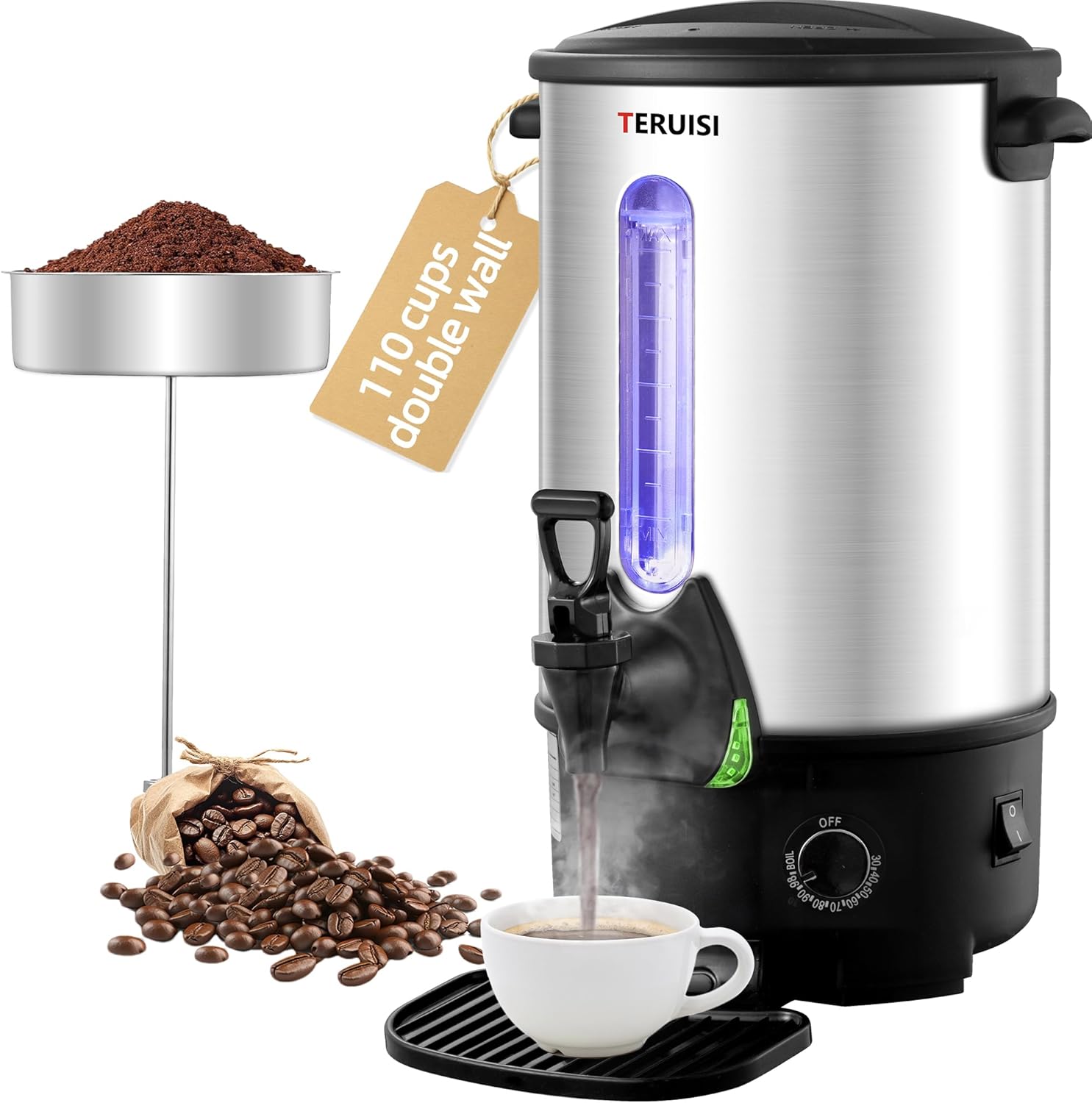 Commercial Coffee Urn, 110 Cup 1300W Hot Water Urn, 16L Large Coffee Maker, Dual Wall Stainless Steel Pot Hot Beverage Dispenser with Filter Basket & Temp Control for Catering, Business, Party 110 Cups/16L