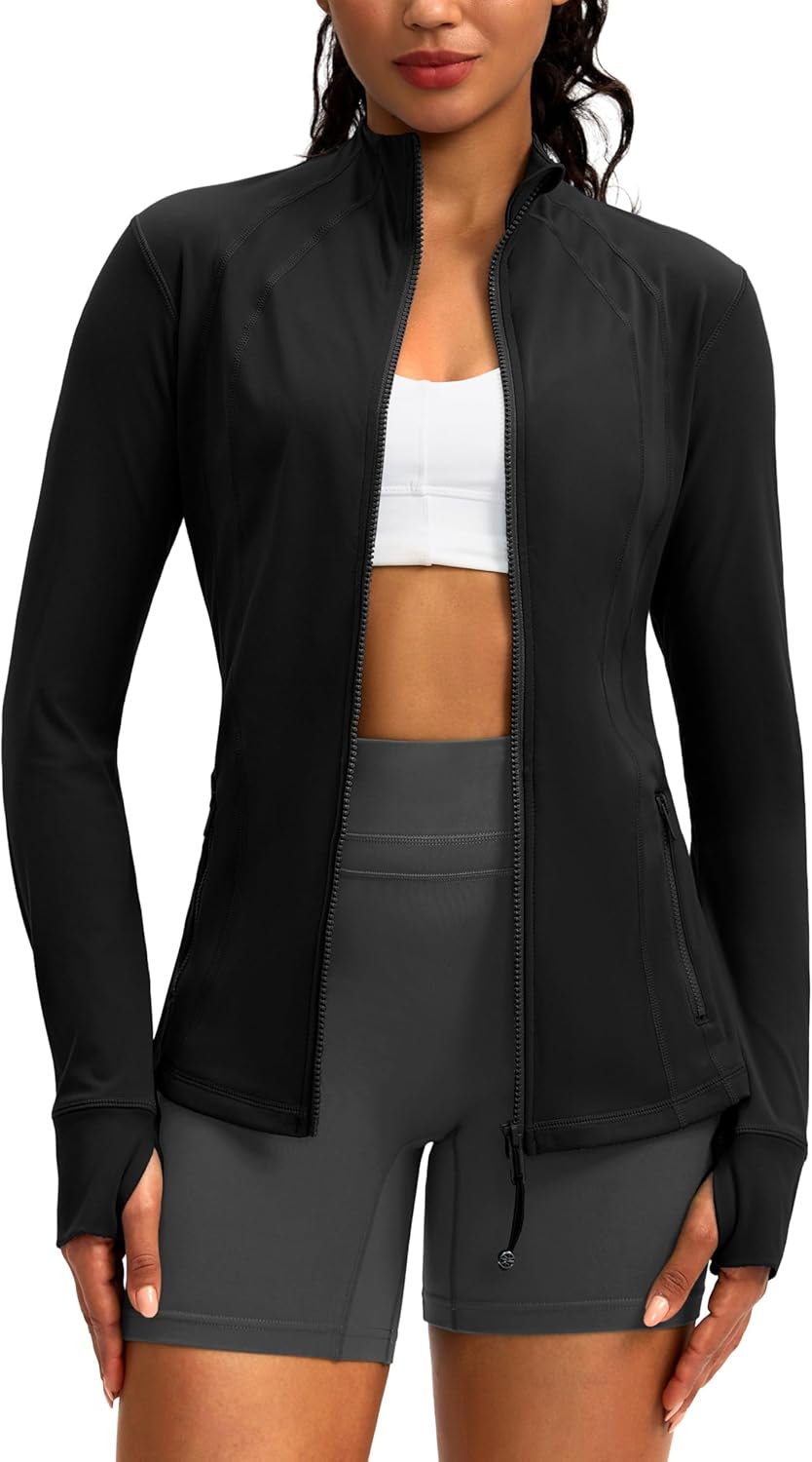 Women's Workout Jackets with 4 Pockets Zip Up Slim Fit Soft Fall Jacket for Yoga Running Athletic (Black,M)