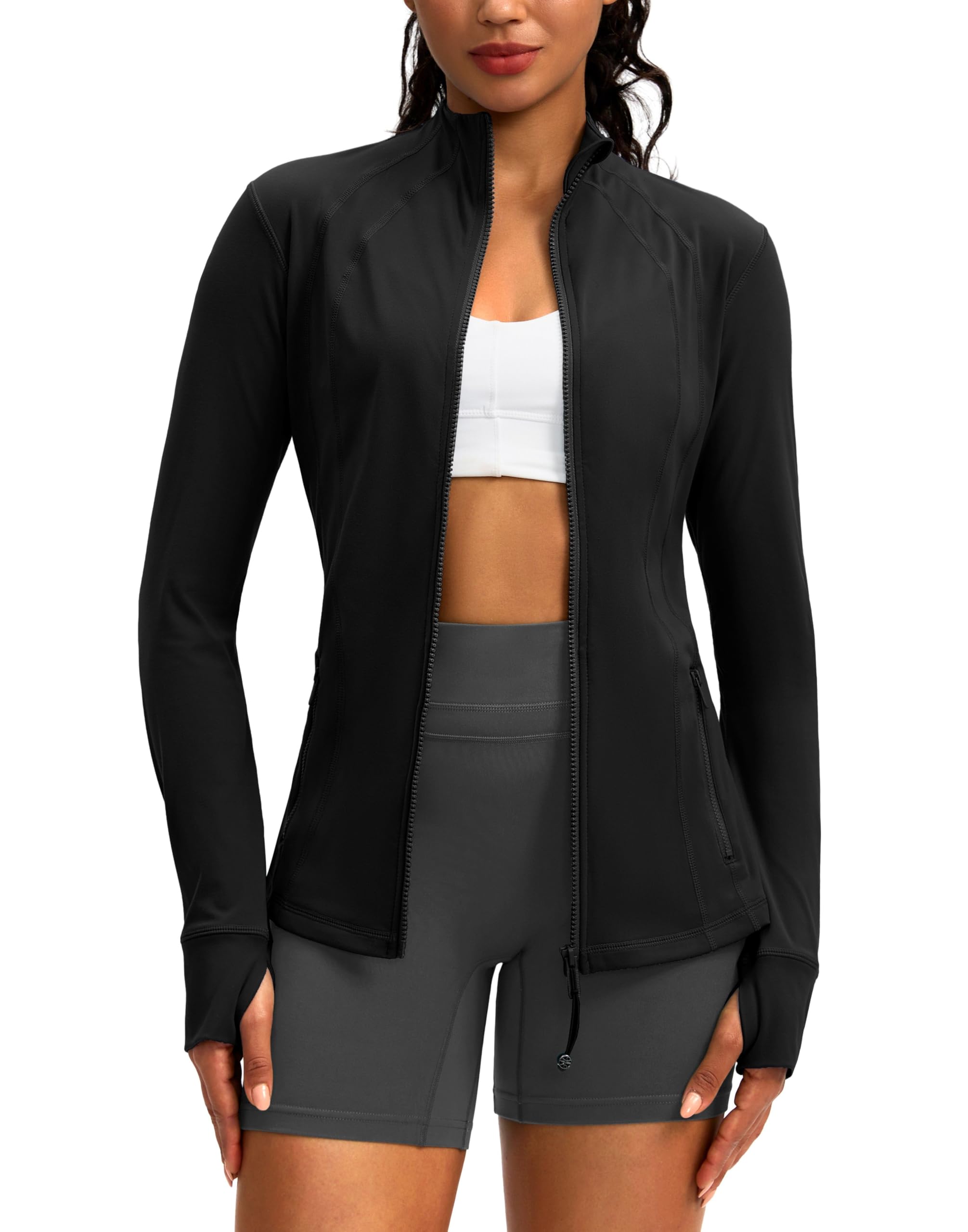 Womens Workout Jackets with 4 Pockets Zip Up Slim Fit Soft Fall Jacket for Yoga Running Athletic