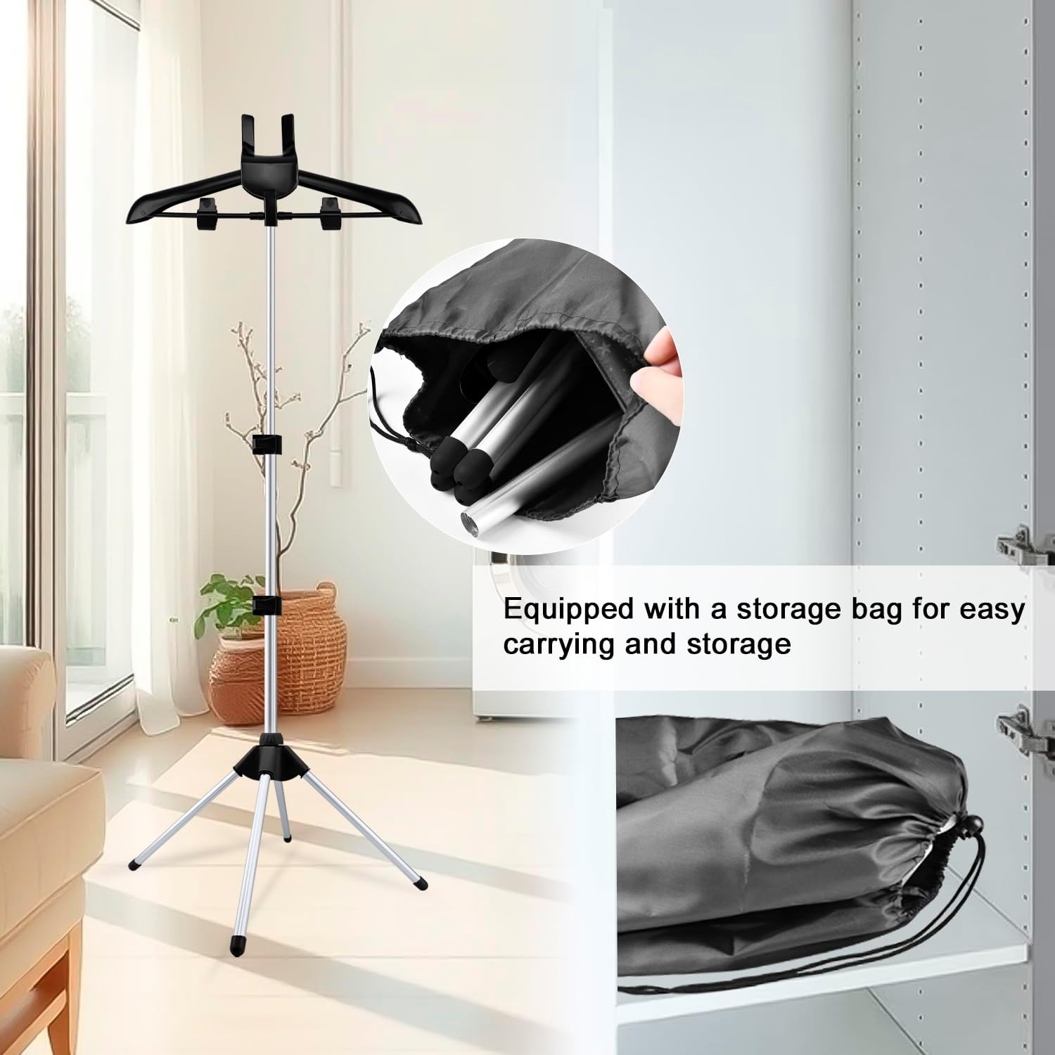 Folding Clothes Steamer Hanger Stand with Ironing Gloves Adjustable Garment Steamer Rack Included Lint Remover Storage Bag 2 Clips for Suits Shirts Coats Portable Travel Home Use