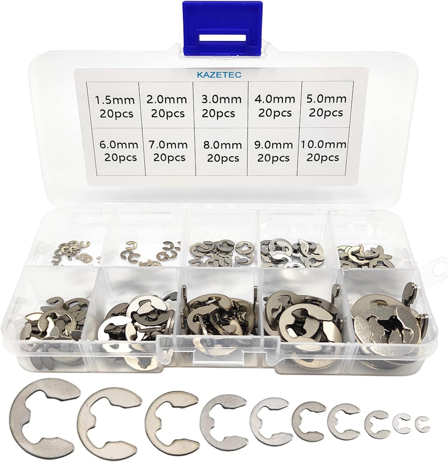 200 Pcs 304 Stainless Steel Opening Snap Ring, E-Clip External Retaining Circlip Assortment Kit