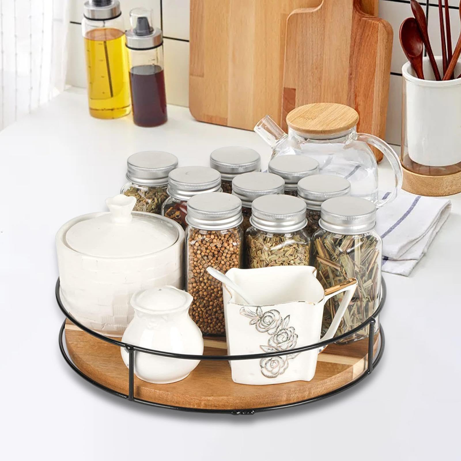 Plateau tournant en bois, support à épices, organisateur pour
