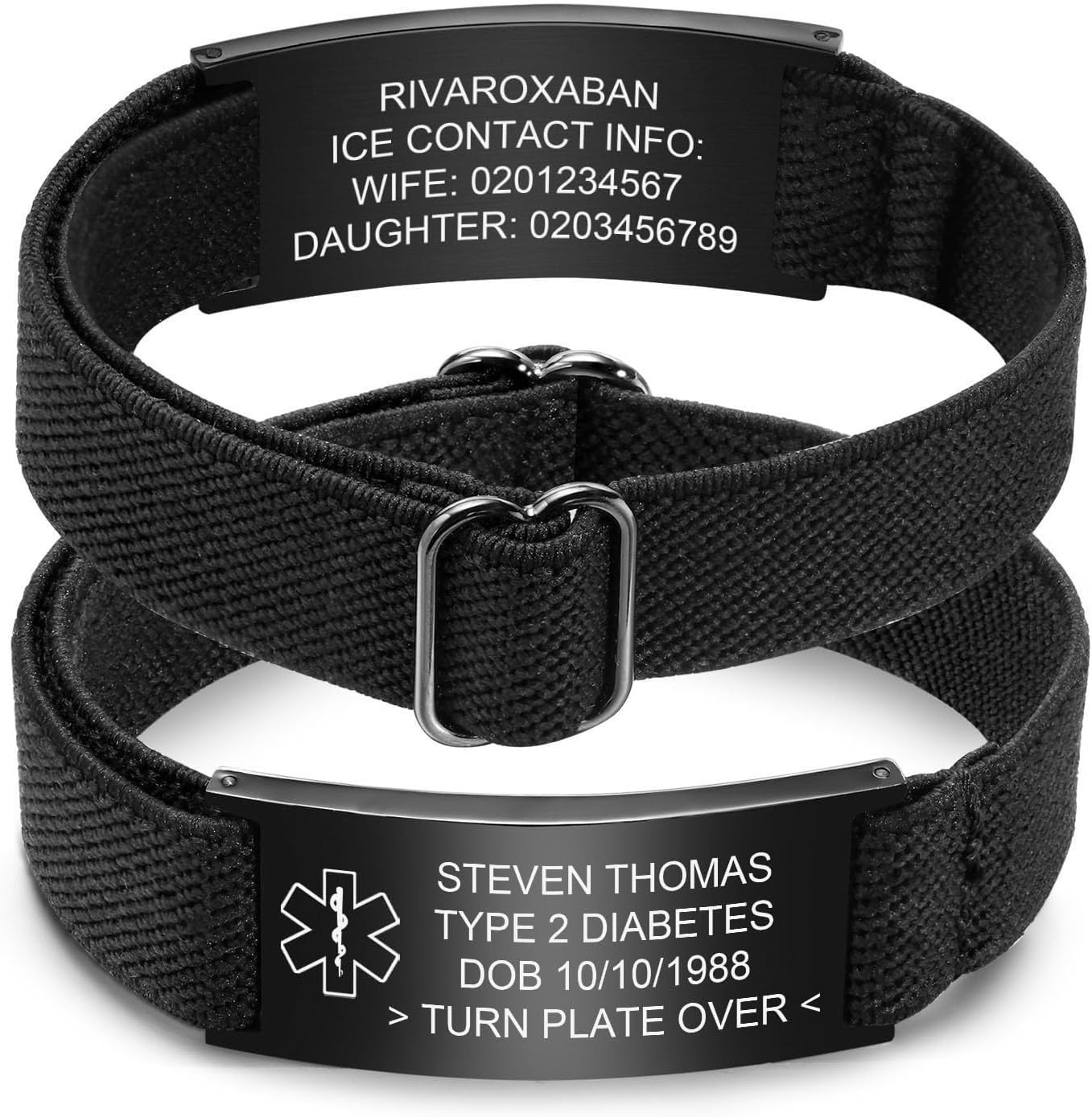 Personalized Medical Alert Bracelet, Custom Engraved Stainless Steel ID Plate with Stretch Elastic Strap, Emergency Awareness Medic Bracelet for Diabetes, Epilepsy, Autism, Allergies, Heart Conditions