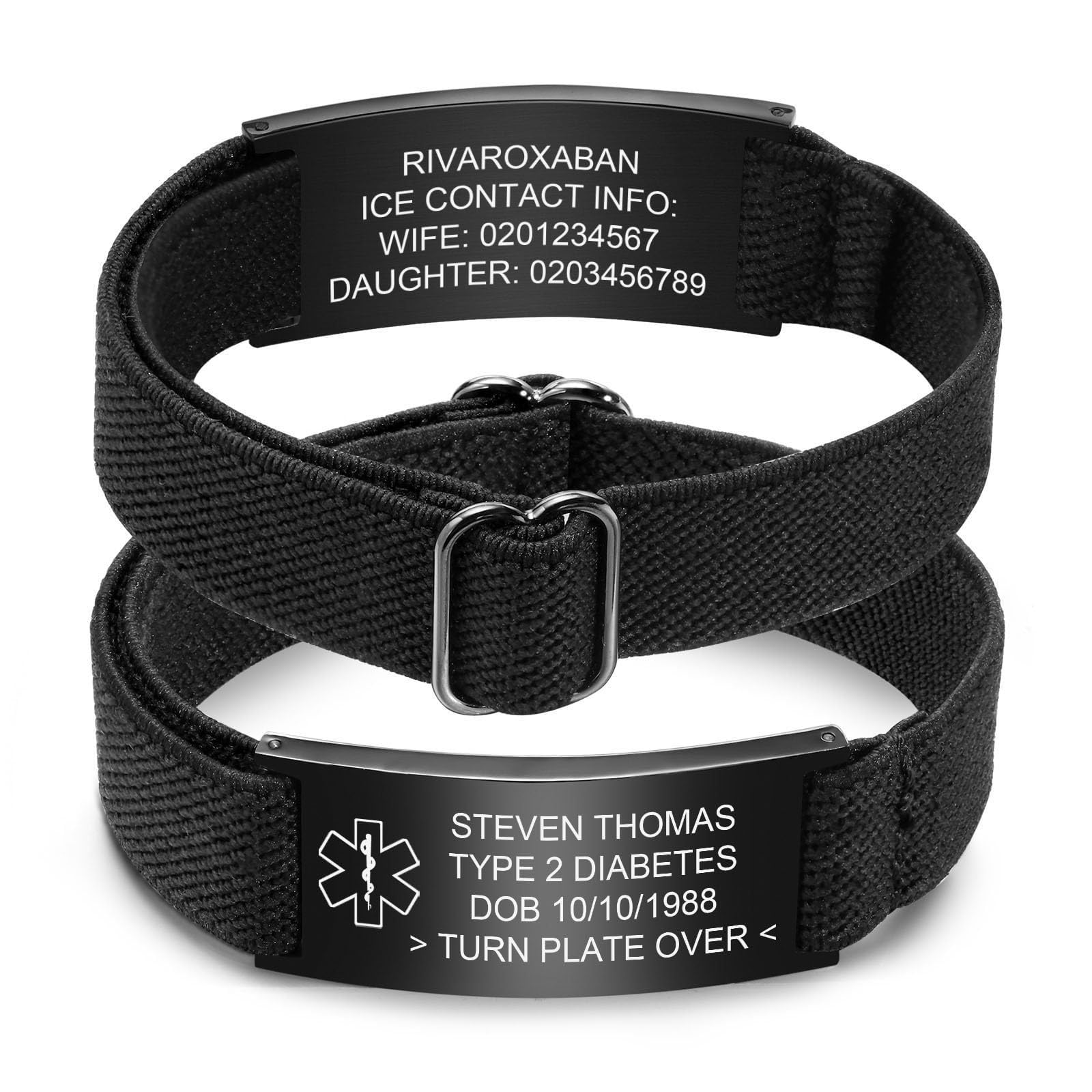 Pulsera de alerta médica personalizada de acero inoxidable grabada con correa elástica para diabetes epilepsia