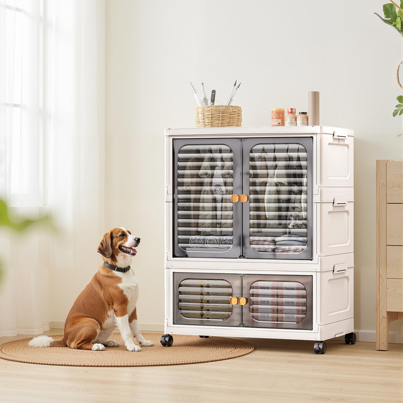 Armoire portable à double portes - Armoire pliante avec roulettes - Boîtes empilables - En plastique - Avec 1 suspension + 1 rangement - 60 x 35 x 79 cm - Blanc