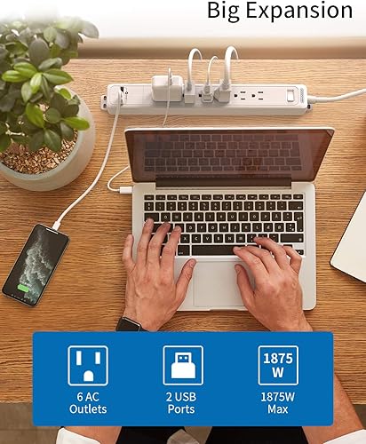 Miniatura 2 de NTONPOWER - Cable de extensión de 25 pies, cable largo para protección contra sobretensiones, 6 tomacorrientes, 2 USB, disyuntor de 1875 W15 A, 1080