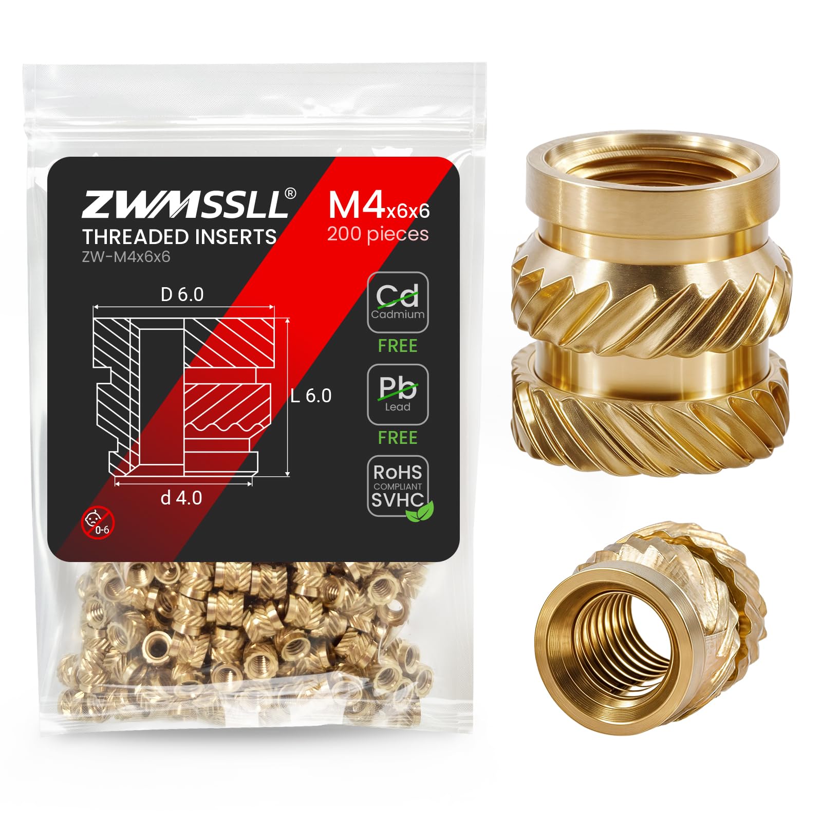 ZWMSSLL Heat-Set Threaded Inserts, M4x6x6mm Heat Set Insert for 3D Printing Components and Plastic Parts(200Pieces),Brass Metric Knurled Nuts — image 1