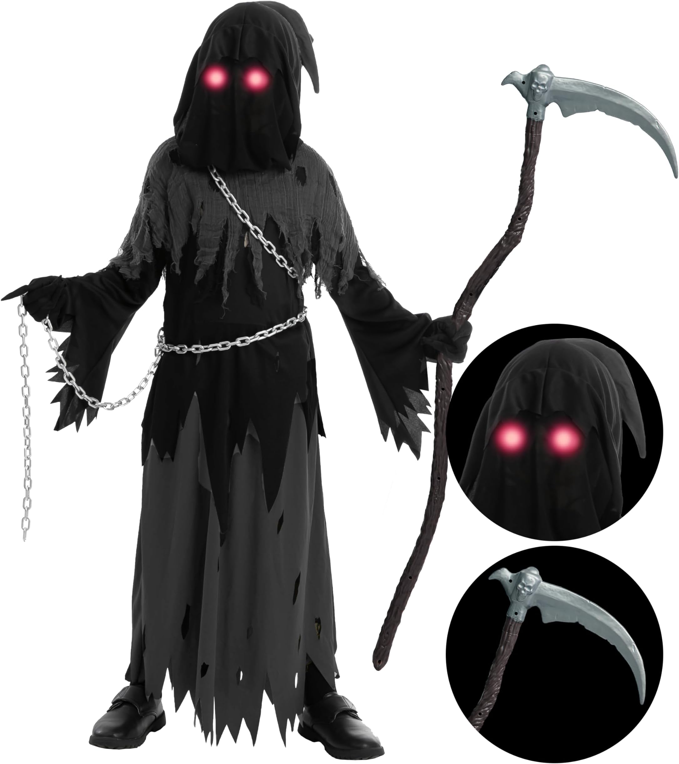 Spooktacular Creations - Child Unisex Glowing Eyes Reaper Costume for Creepy Phantom - Halloween Costume