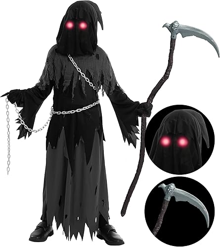 Spooktacular Creations Glowing Eyes Grim Reaper Costume for Kids, Halloween Costume for Boys, Halloween, Dress-up Party