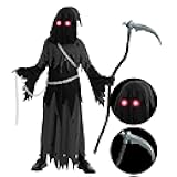 Spooktacular Creations Glowing Eyes Grim Reaper Costume for Kids, Halloween Costume for Boys, Halloween, Dress-up Party
