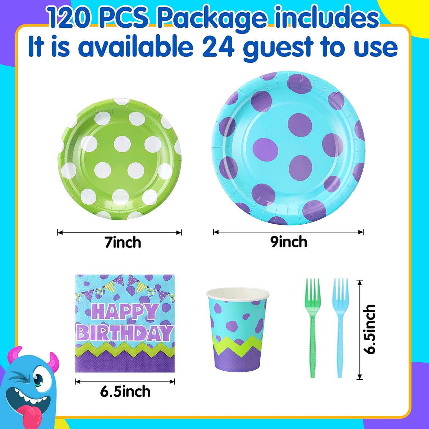 Baderke 120 Pcs Monster Birthday Party Supplies Monster Plates Napkins Cups and Forks Birthday Party Table Decorations Disposable Cake Tableware Set for 24 Guests - Image 2