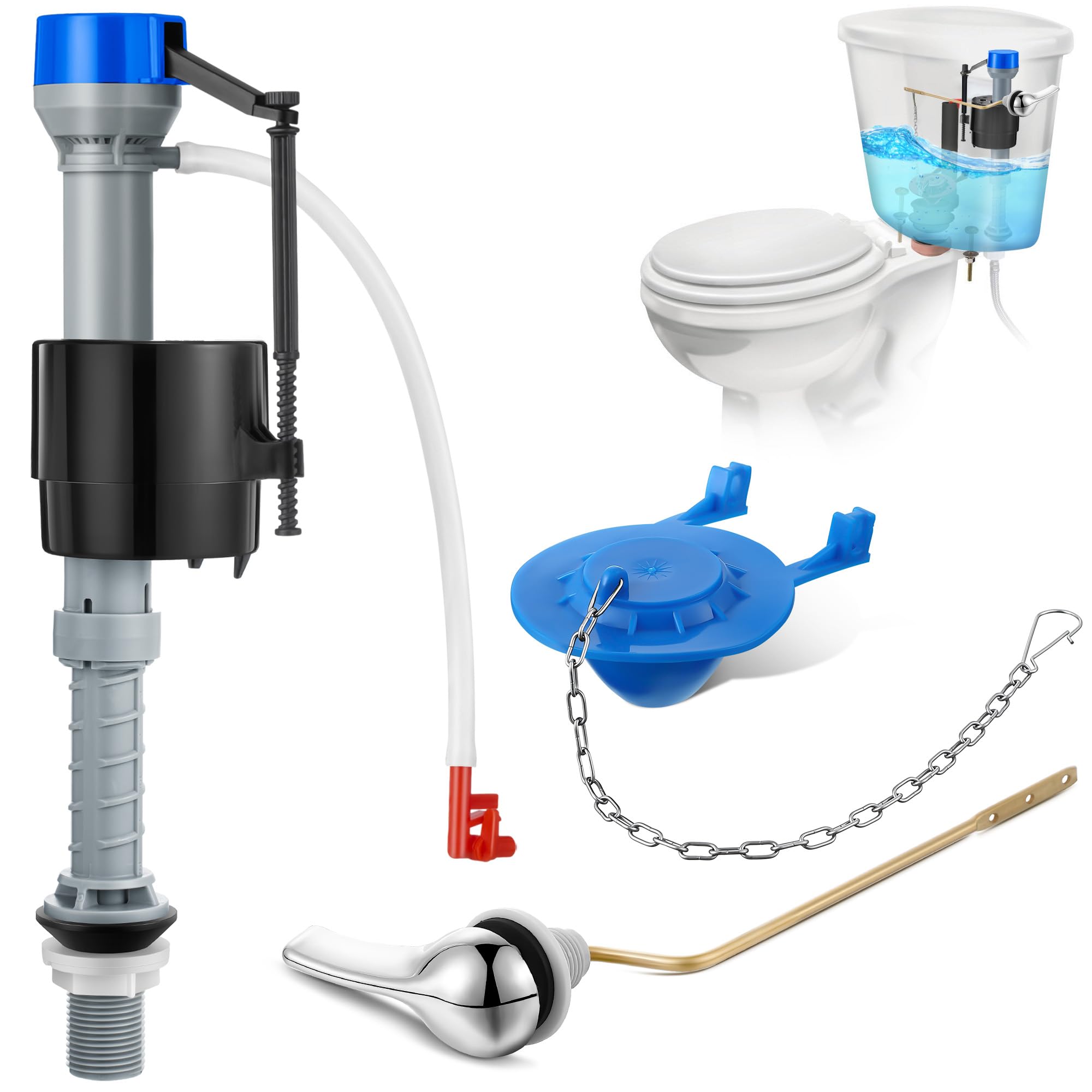 Saillong Universal Toilet Flusher Replacement Kit, Fill Valve, 2-Inch Flapper, Side Mount Handle Lever, Water-Saving, Adjustable Toilet Repair Kit Inside Tank, Easy to Install(1 Set,Blue Grey, Blue)