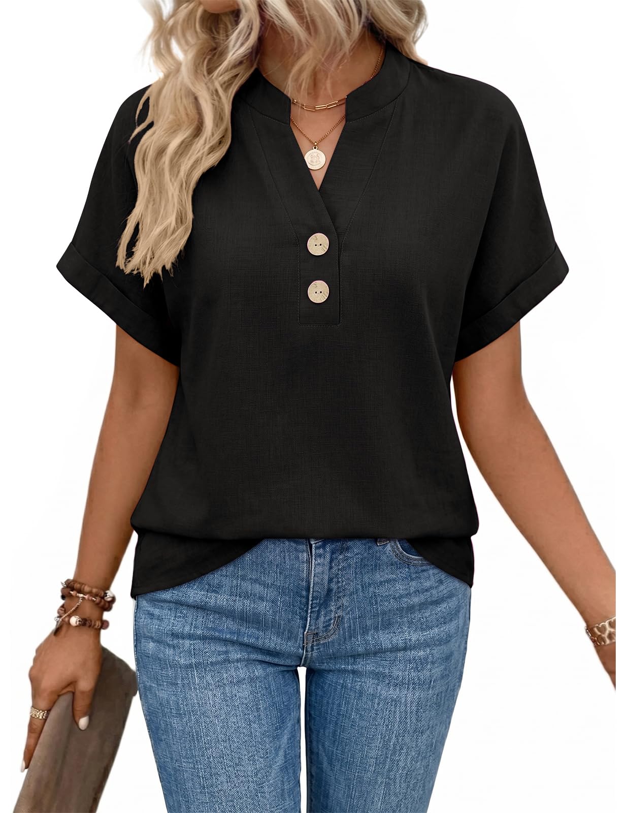 heekpek Leinenbluse Damen Sommer Kurzarm Musselin Bluse V-Ausschnitt Oberteile Damen Elegant Hemd Baumwolle Blusenshirt Lässig Blusentops Leicht Luftig Sommeroberteile