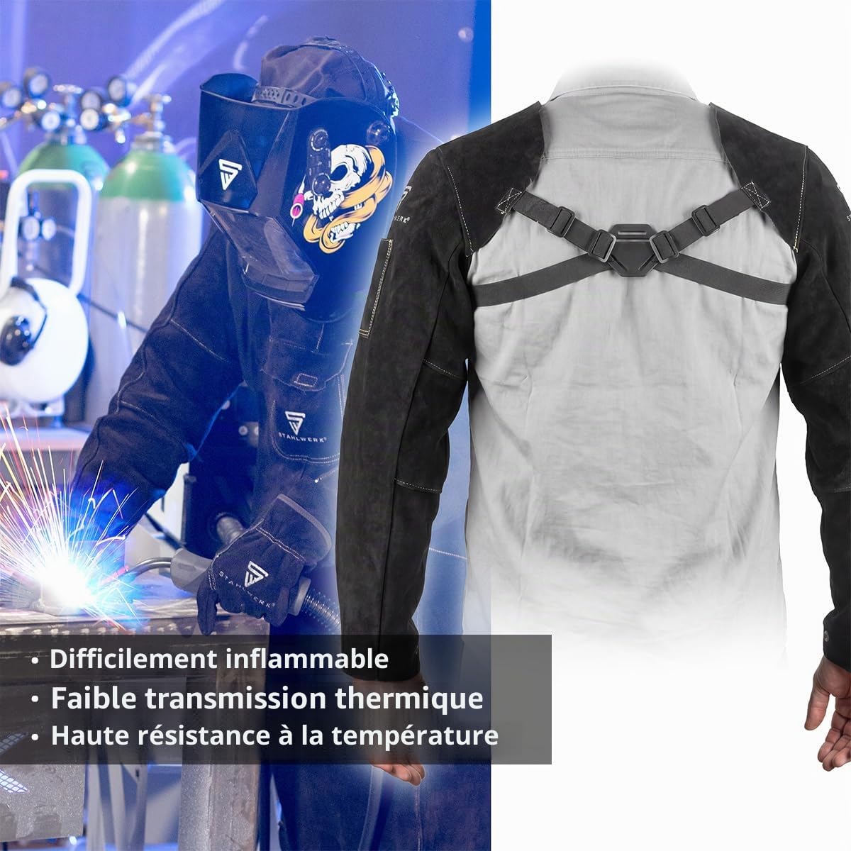 STAHLWERK Manches pour soudeurs | Manchettes pour soudeurs | Manchettes de protection pour soudeurs | Vêtements de protection pour soudeurs avec bretelles en cuir croûte de haute qualité