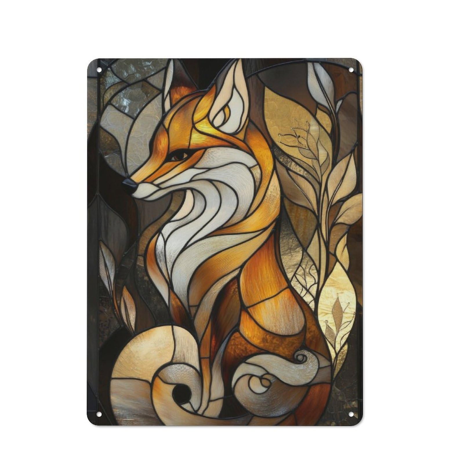 Junmoney Stained Glass Fox Retro Metal Wall Sign 40X30cm With For Pub Or Café, A Housewarming Gift For Hospitality Wall Decor Collectors
