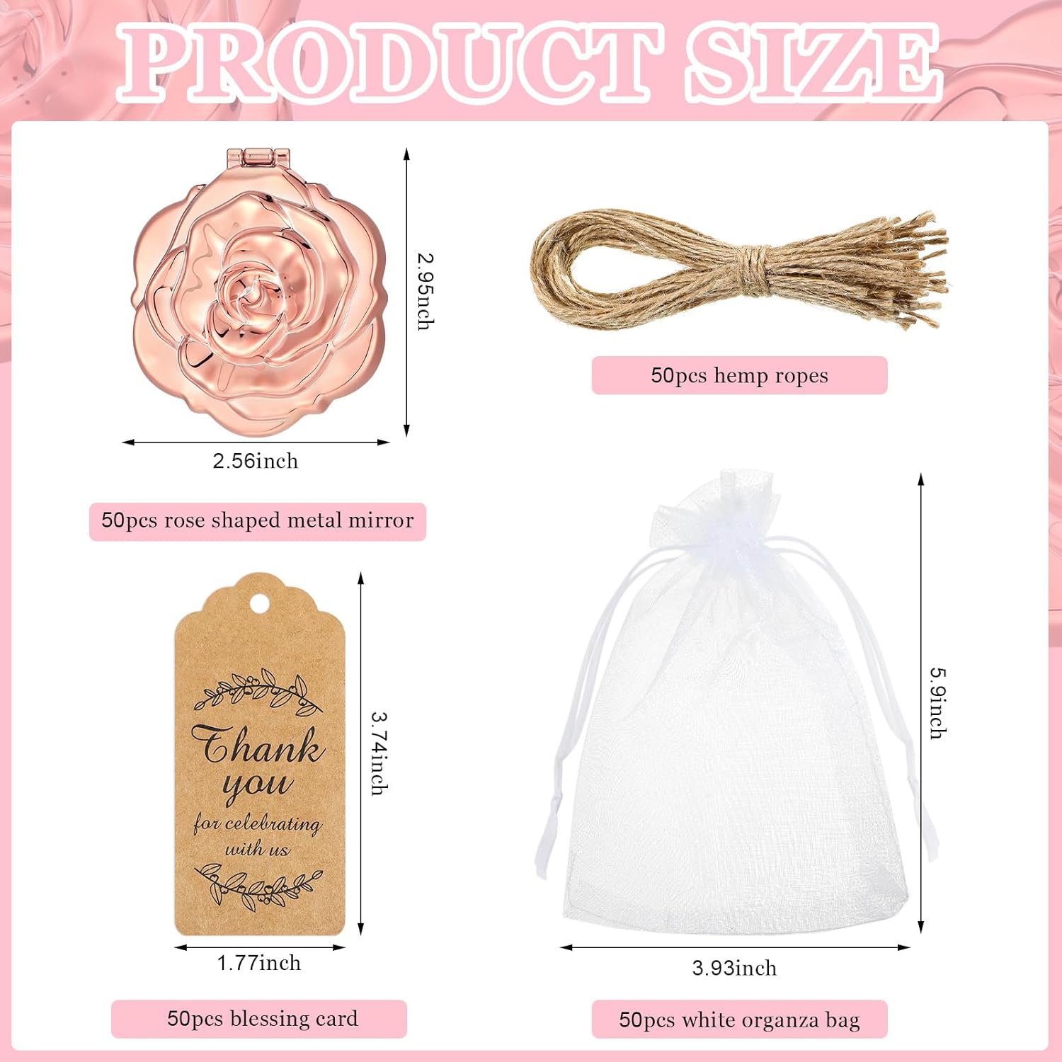 50 Sets Rose Compact Mirrors Brush Bulk Quinceanera Wedding Party Favors for Guests Rose Makeup Mirror with Thank You Tag Twine and Organza Bag for Bridal Shower Souvenir Gift
