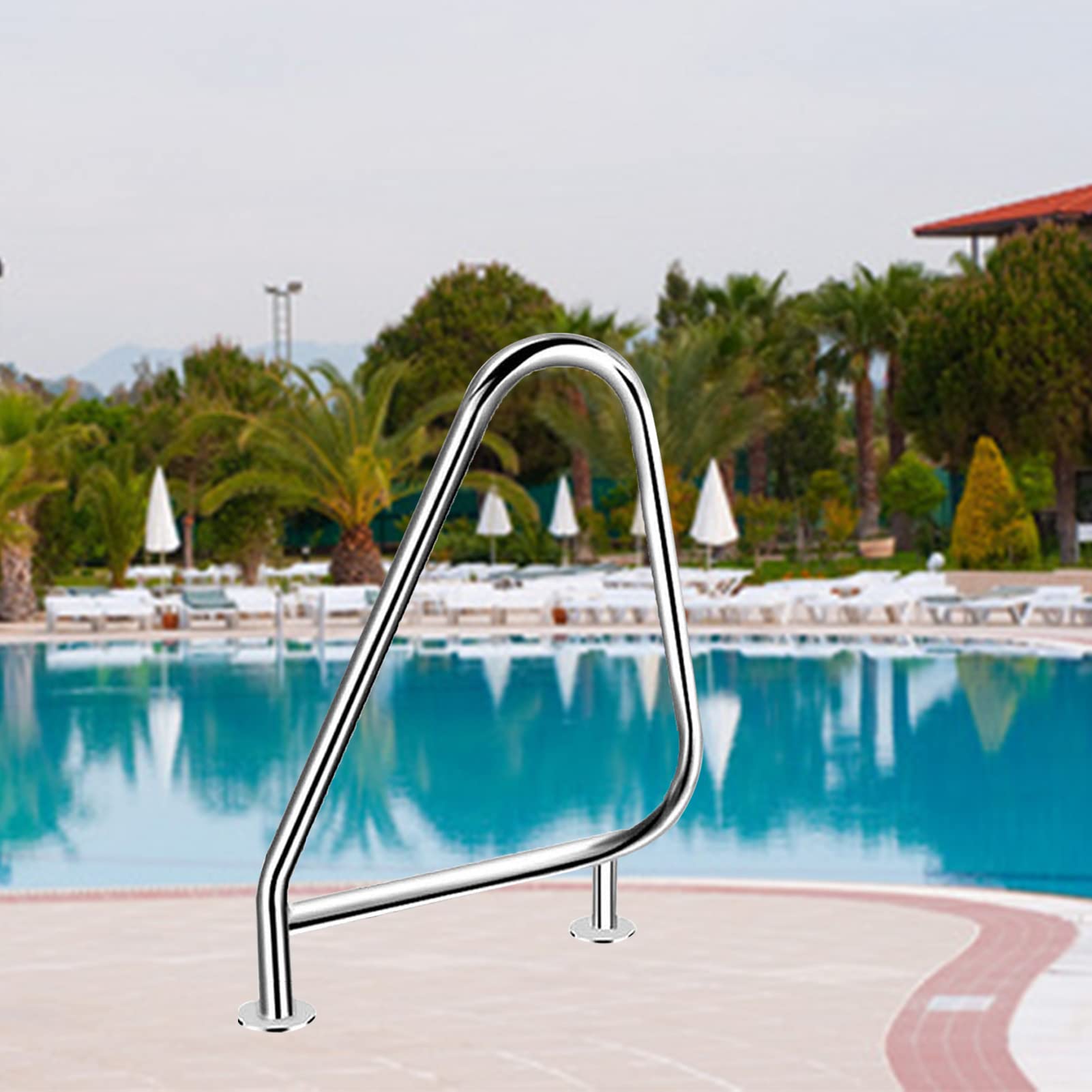 Rampe piscine en acier inoxydable poli miroir et platine de fixation stable pour extérieur