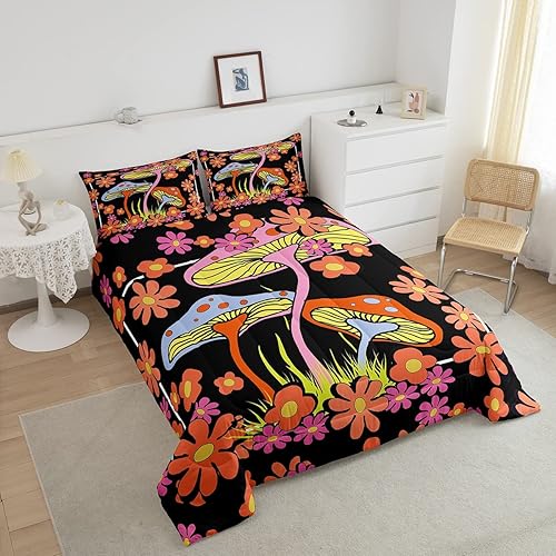 Miniatura 3 de Groovy - Juego de edredón de flores para niñas y niños, edredón retro floral bohemio con hongos de los años 70, juego de ropa de cama de flores