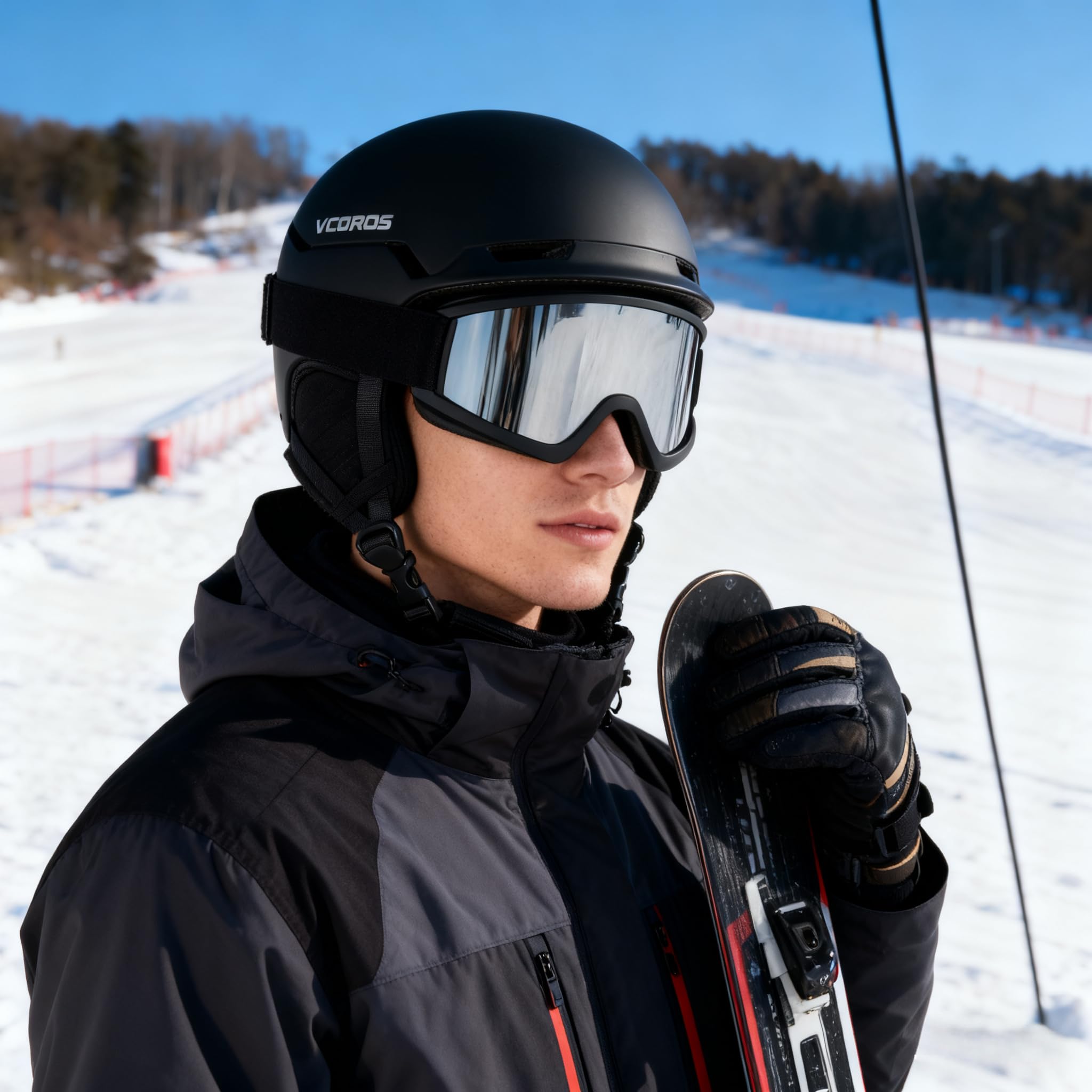 Casco de Esquí Kit con Gafas de Esquí, Capucha Transpirable UV, Orejeras Extraíbles para Hombre Mujer