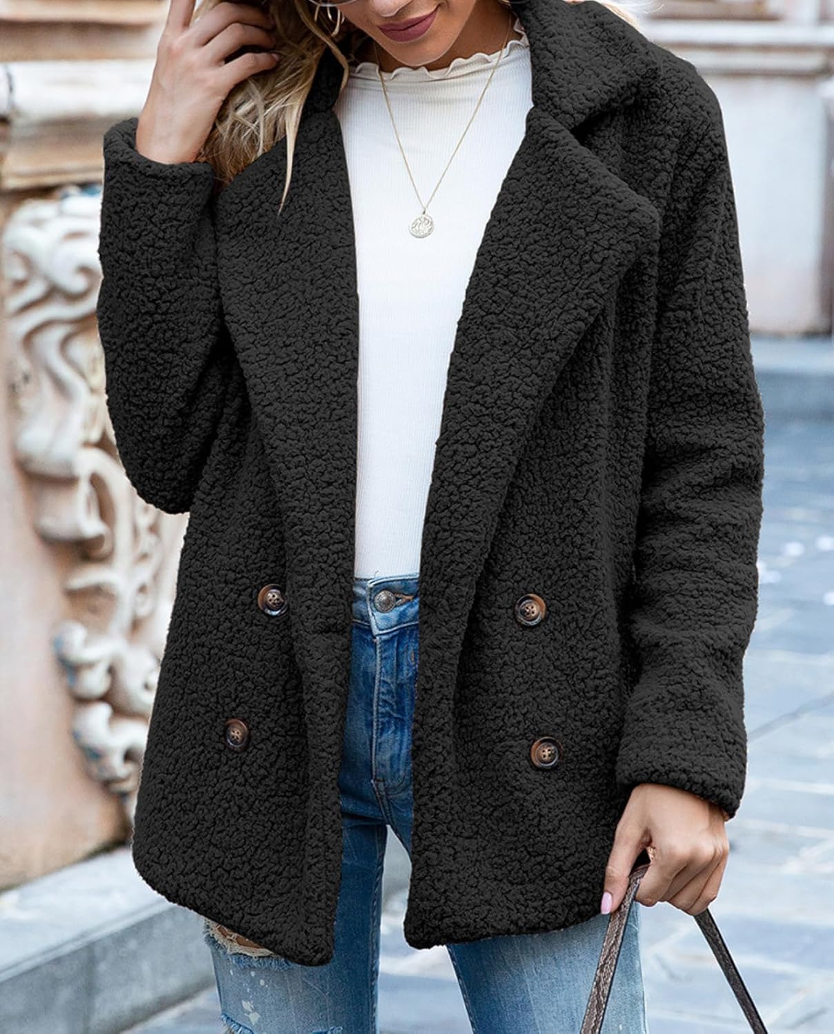 Women's Winter Warm Plush Cardigan Fuzzy Fleece Lapel Jacket with Buttons Pockets Long Sleeve Casual Outerwear - Image 3
