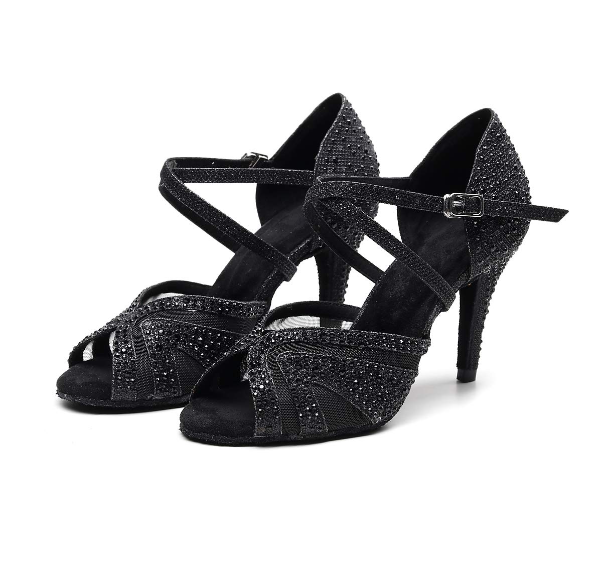 Goettin Women's Latin Dance Shoes Color Rhinestone Ballroom Party Performance Shoes 3.34 Inch Lady Black High-Heeled Shoes (US8)