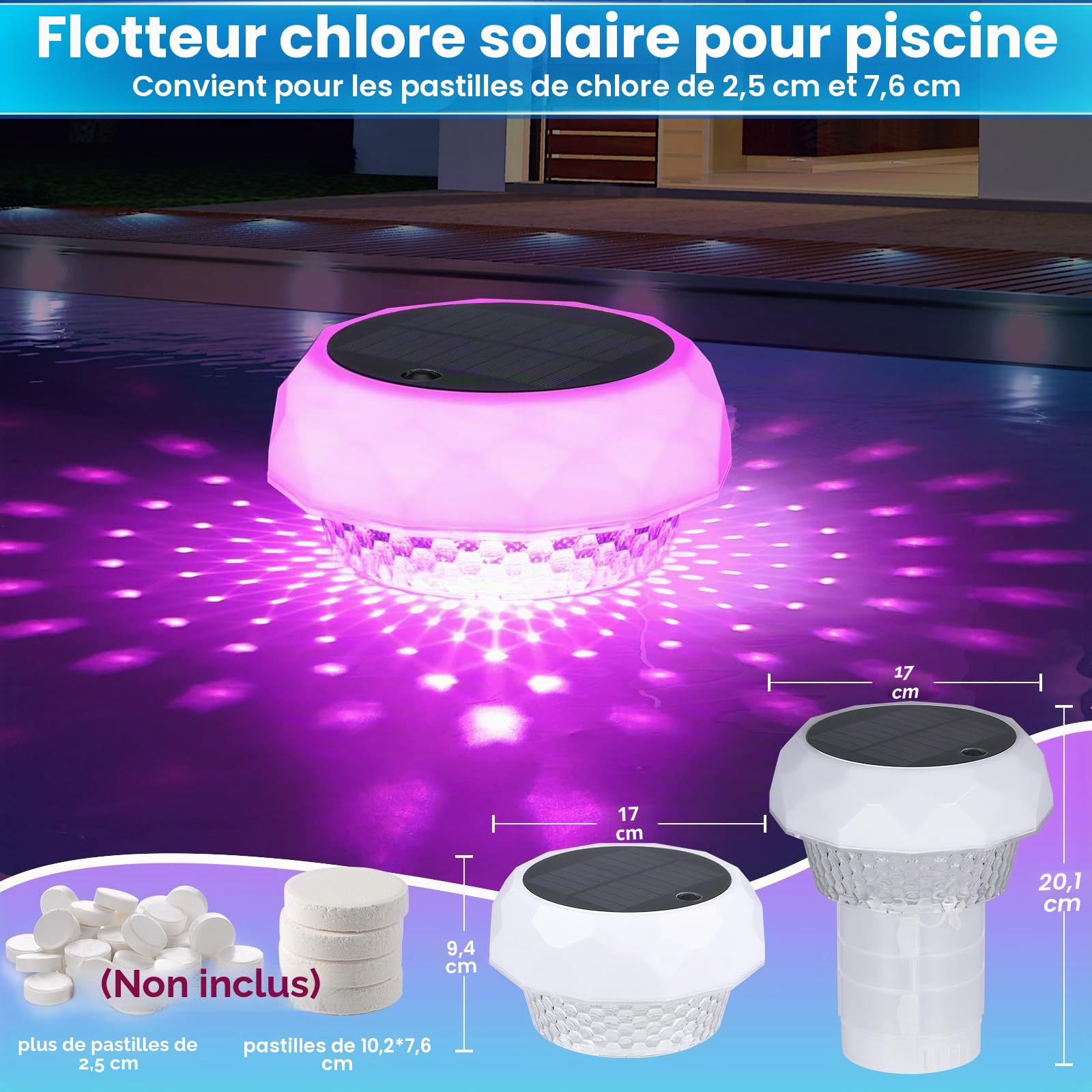 Qoolife Flotteur de chlore de piscine avec lumière solaire, distributeur de chlore flottant pour tablettes de 2,5 cm et 7,6 cm, distributeur de chlore flottant avec télécommande et réglable pour