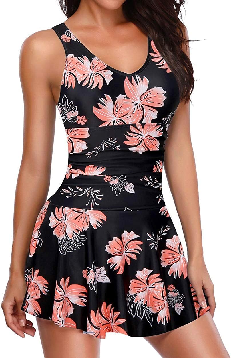Yonique One Piece Swimsuits for Women Modest Tummy Control Swimdress Vintage Bathing Suits Skirt Swimwear