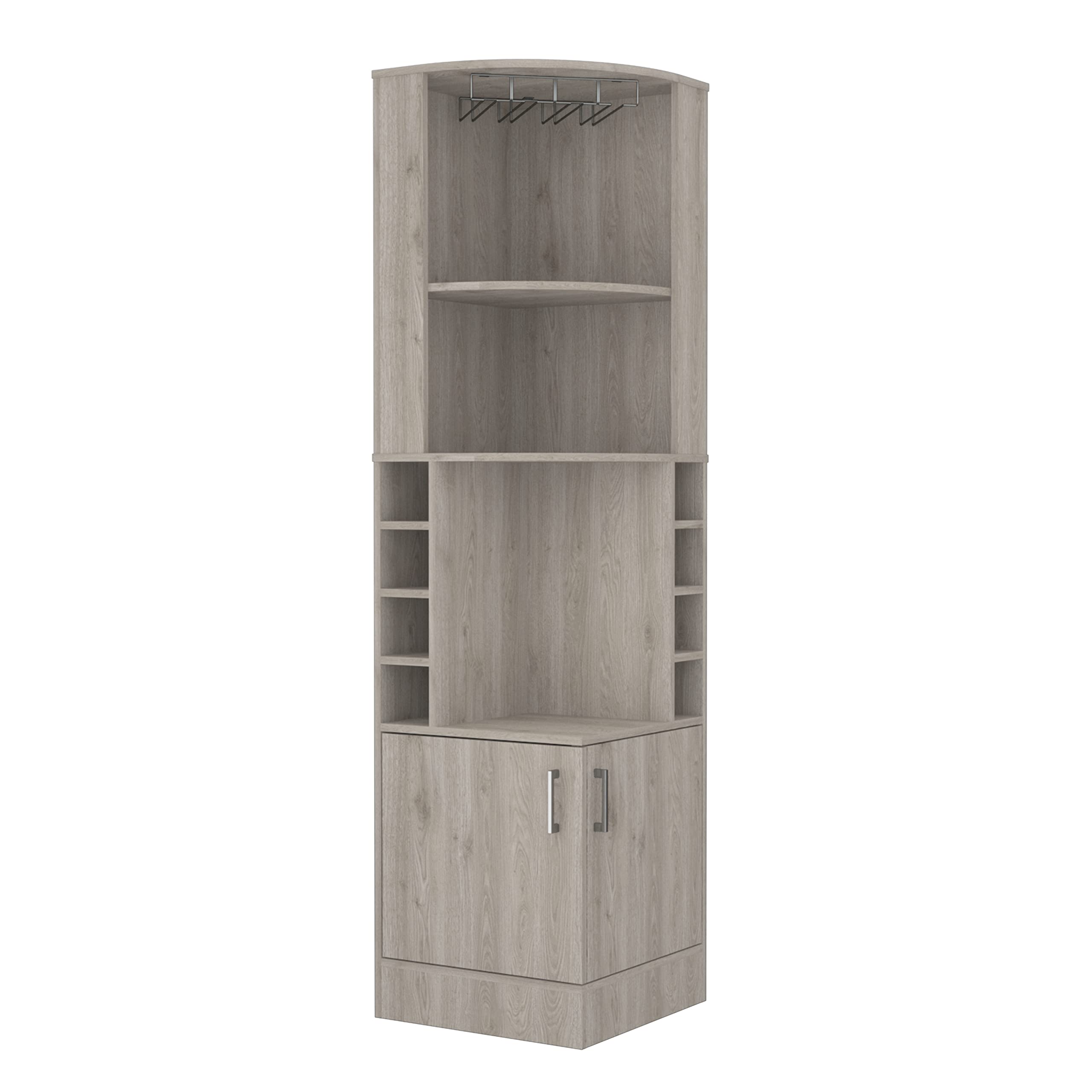 Egina Corner Bar Cabinet with Two External Shelves, Glass Holder, Eight Exterior Bottle Racks, Central Shelf, Lower Drawer with Two Side Doors, 71" H, Light Gray, Living Room