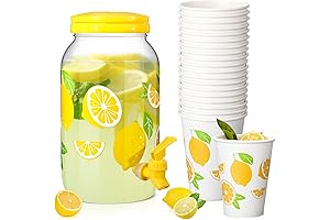 1 Gallon Lemon Plastic Drink Dispenser with 50Pcs 12 oz Lemon Paper...