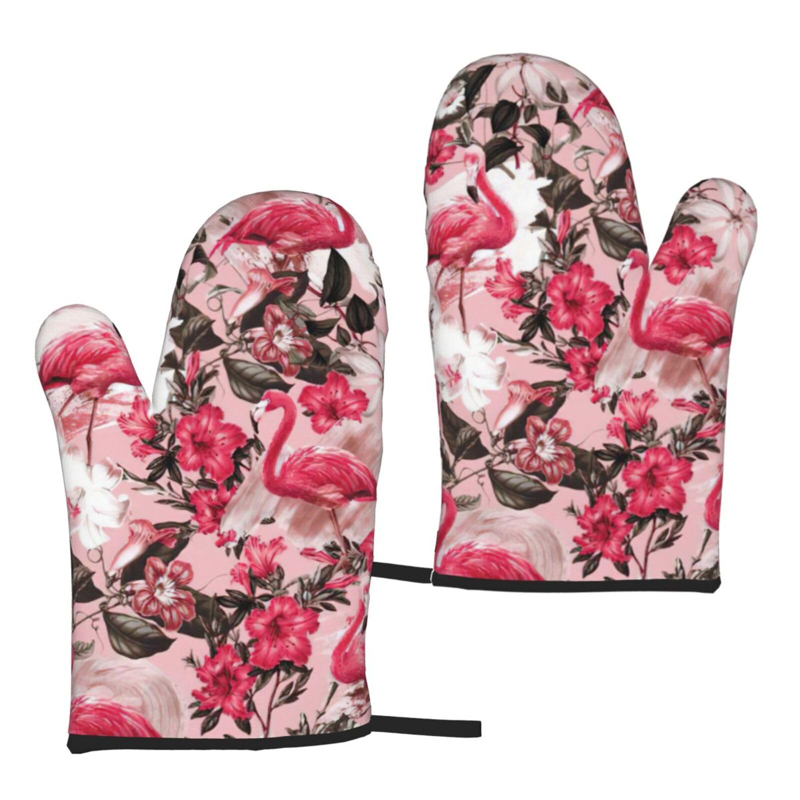 Nimongt Women's Black Flamingo Floral Printed Print Adults Universal Fit Heat Resistant Oven Gloves Reusable Cooking Outdoor Grilling