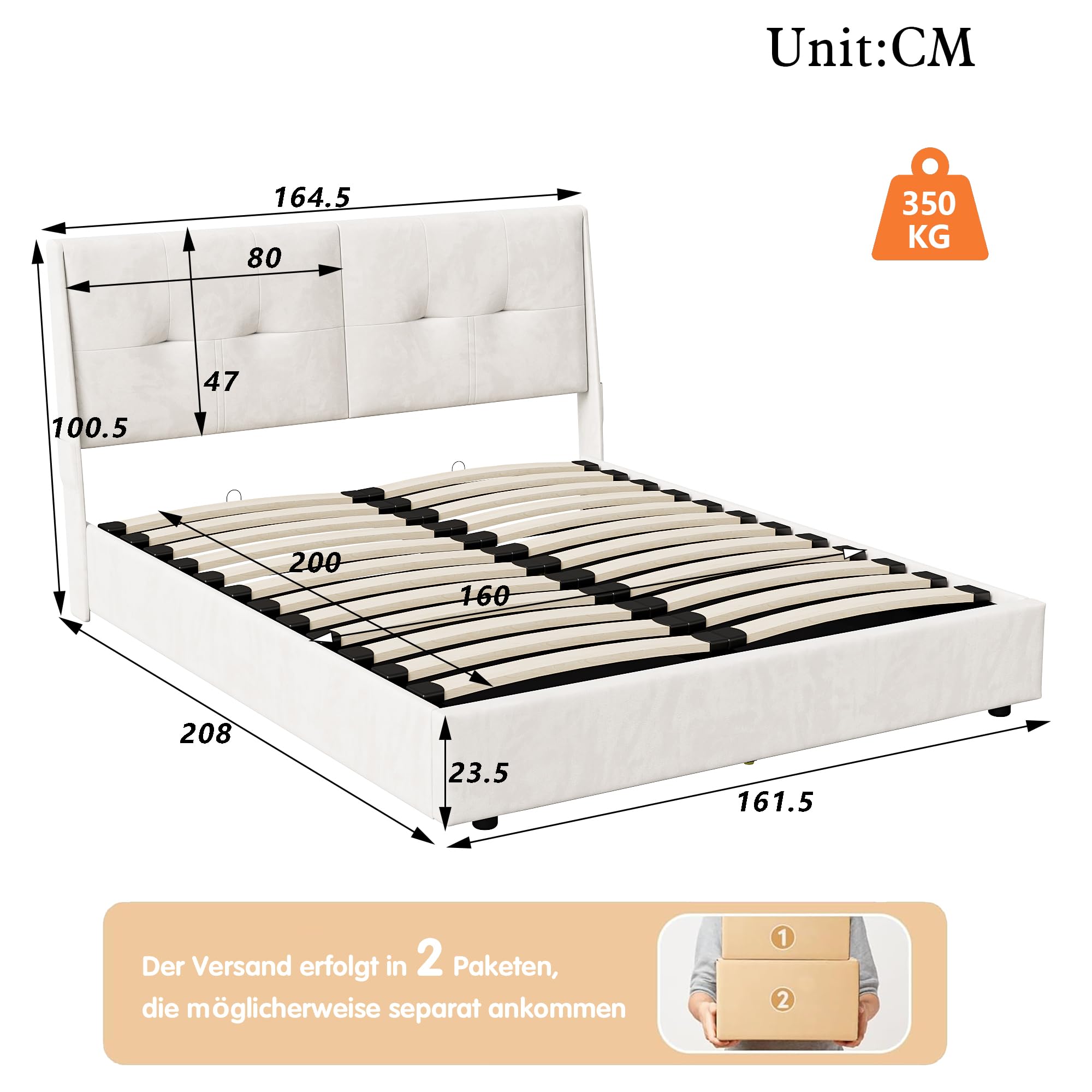 BRILVERDE Cama Tapizada 160x200 con Almacenamiento, Cama matrimonial con cajones, Cama Nido con LED, Cabecero Acolchado y Base de Láminas, Terciopelo (Beige, 160 x 200 cm)