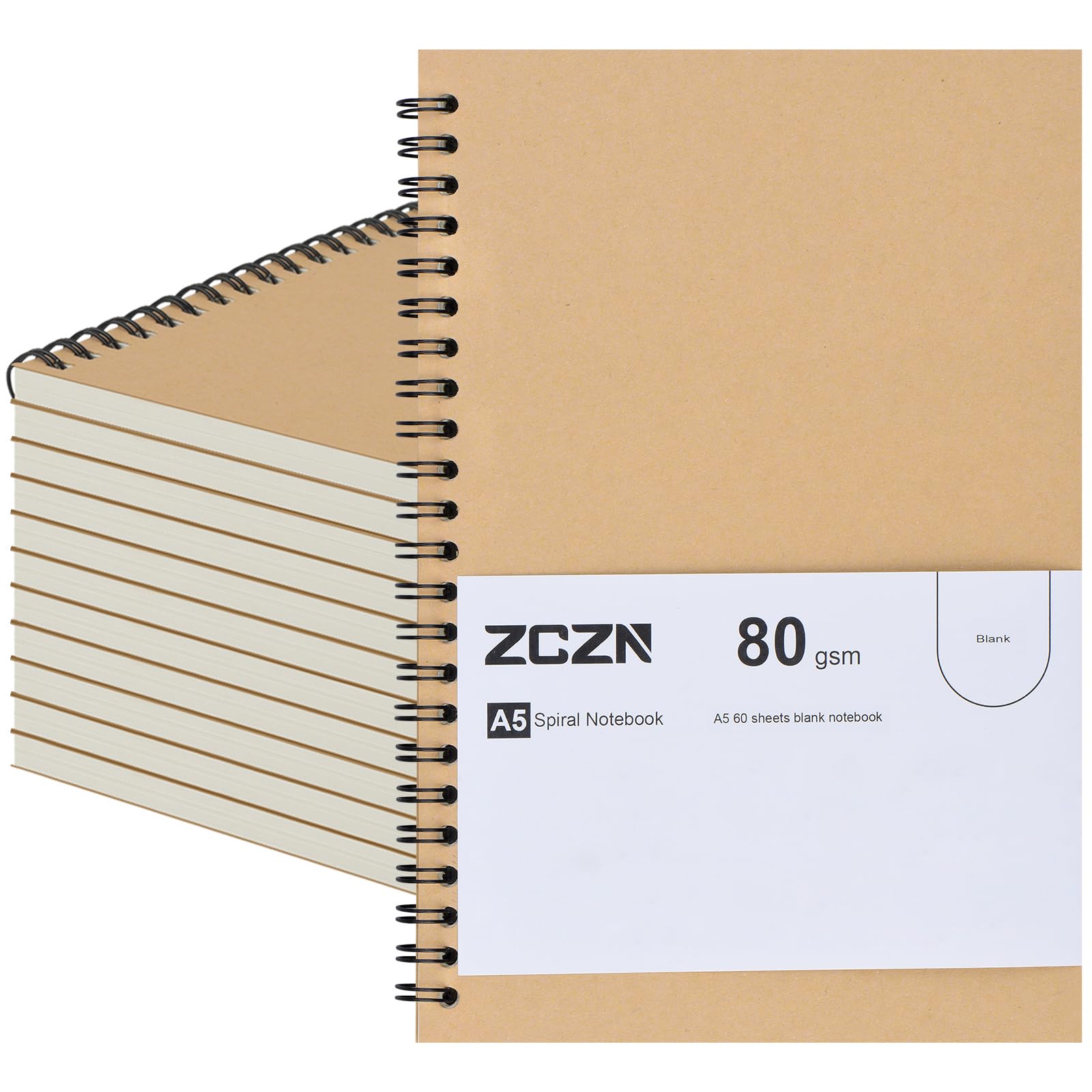 ZCZN Cuaderno A5 Hojas Blancas Libretas 12 Pack Cuaderno Espiral de Diarios con Cubierta de Kraft, 60 hojas/120 Páginas para Viajar Dibujo Escribir