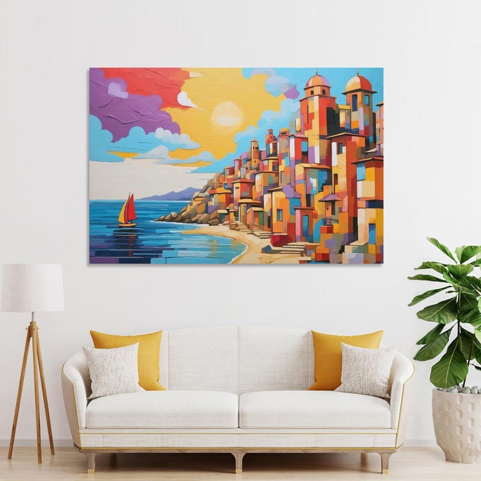 Junmoney Unframe-Style-24-2 Colorful Coastal Village Painting With Sailboat Canvas Wall Decor, 20X30inch(50X75cm), For Flats, Guest Rooms Or Compact Rooms, Decorative Canvas Decor For Home Updates