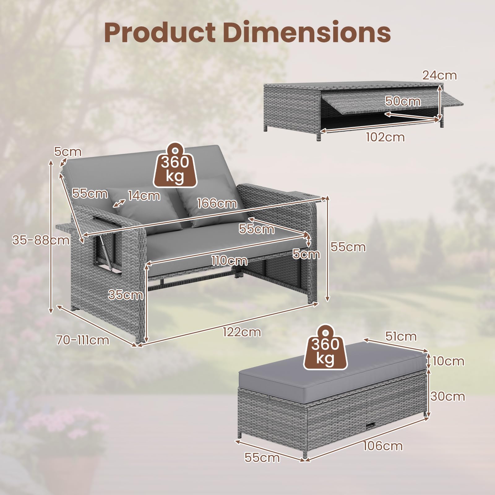 GIANTEX Canape Exterieur Jardin 2 Pièces, Canapé de Jardin 2 Places en Rotin PE, Ottoman de Rangement, Dossier Réglable, Tables d'Appoint Rétractables, Coussins Doux, pour Porche, Patio, Gris